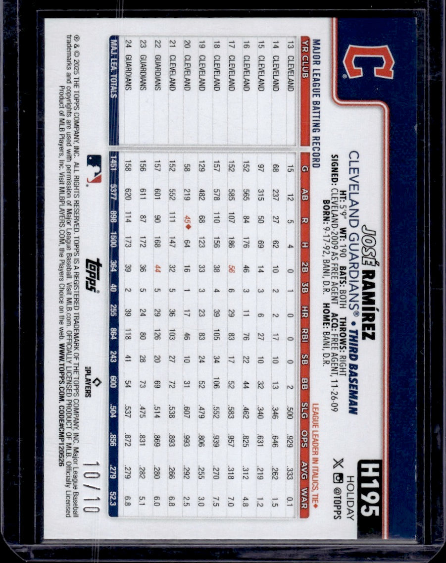 2025 Topps Holiday José Ramírez Red Metallic 10/10