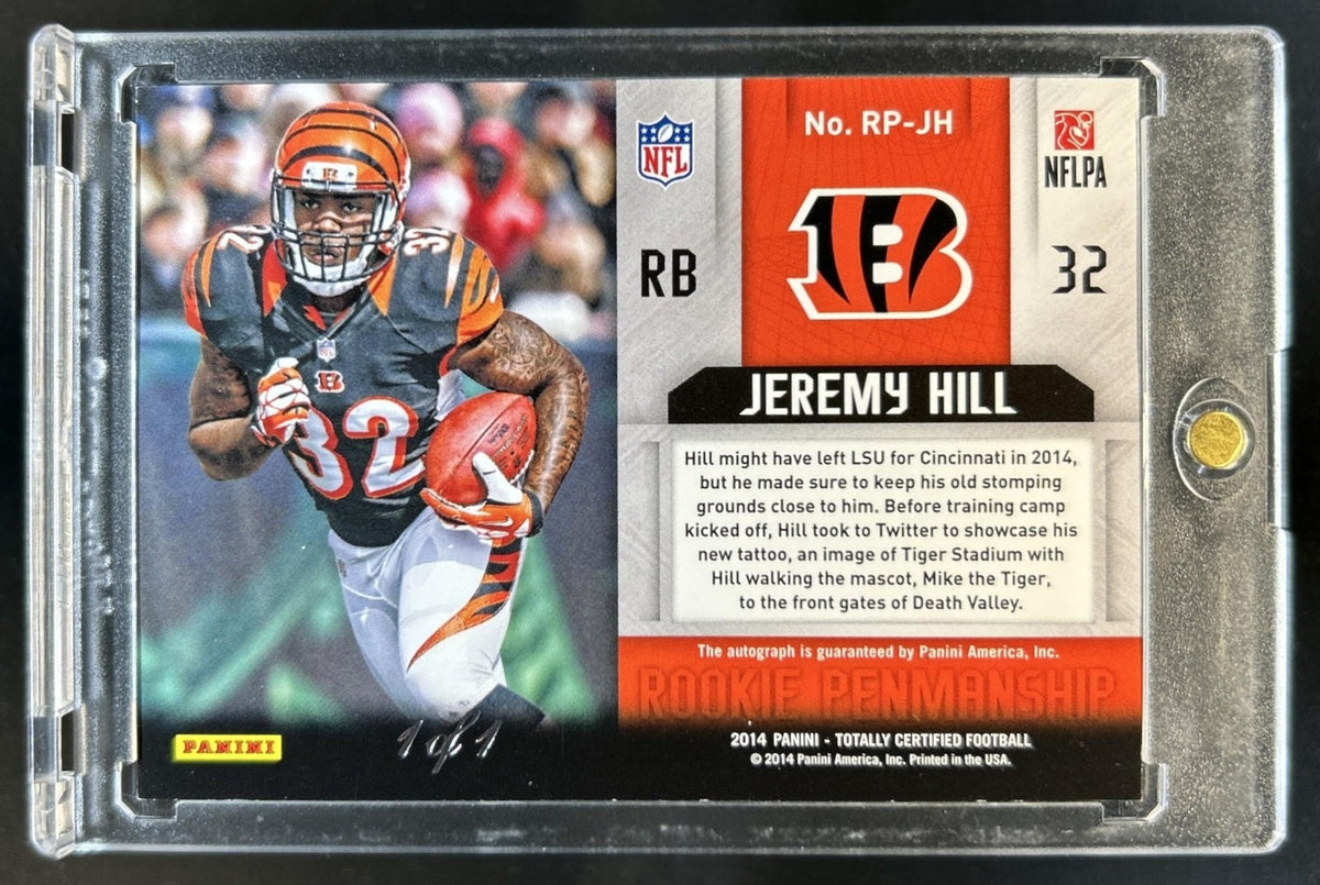 2014 Panini Totally Certified Jeremy Hill Rookie Penmanship Green RC Auto #1/1