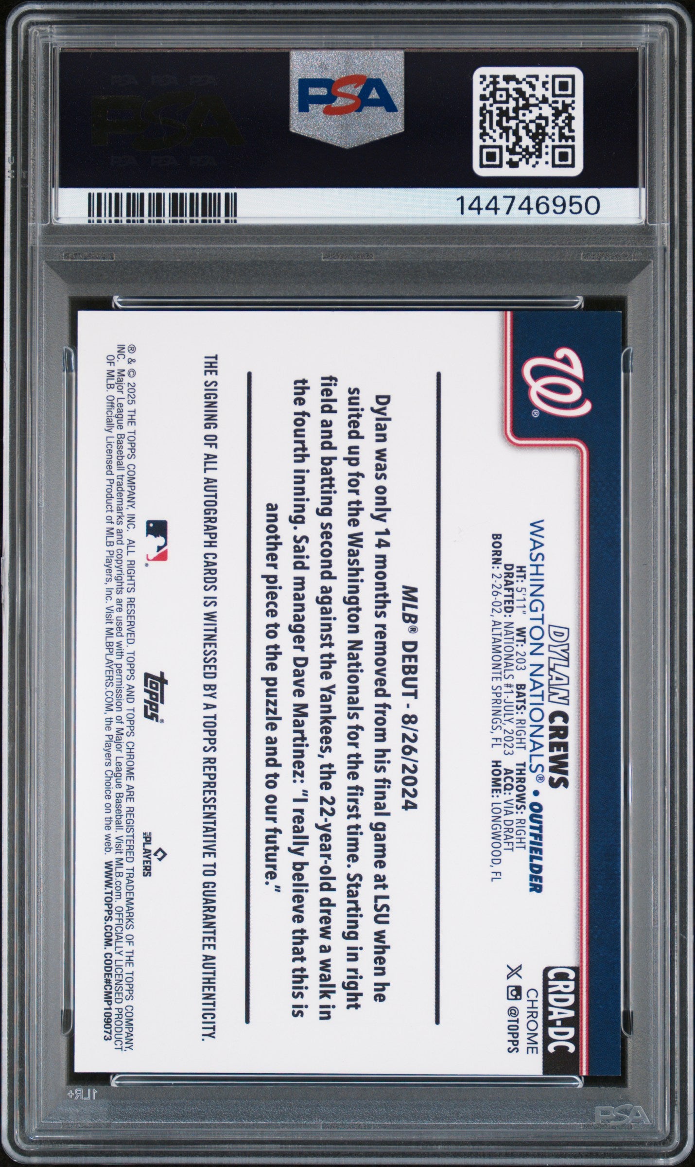 2025 Topps Chrome Update Rookie Debut Autographs Dylan Crews RK B&W Mini DMD PSA 9