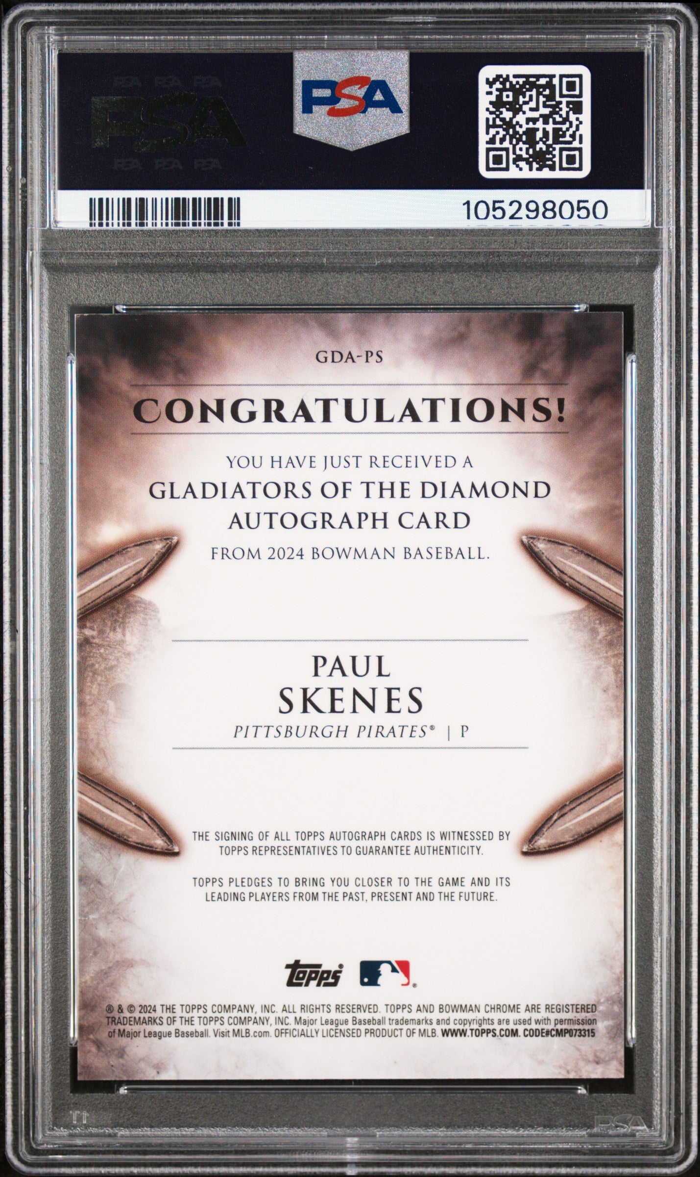 2024 Bowman Gladiators Of The Diamond Autographs Paul Skenes Gold 42/50 PSA 7