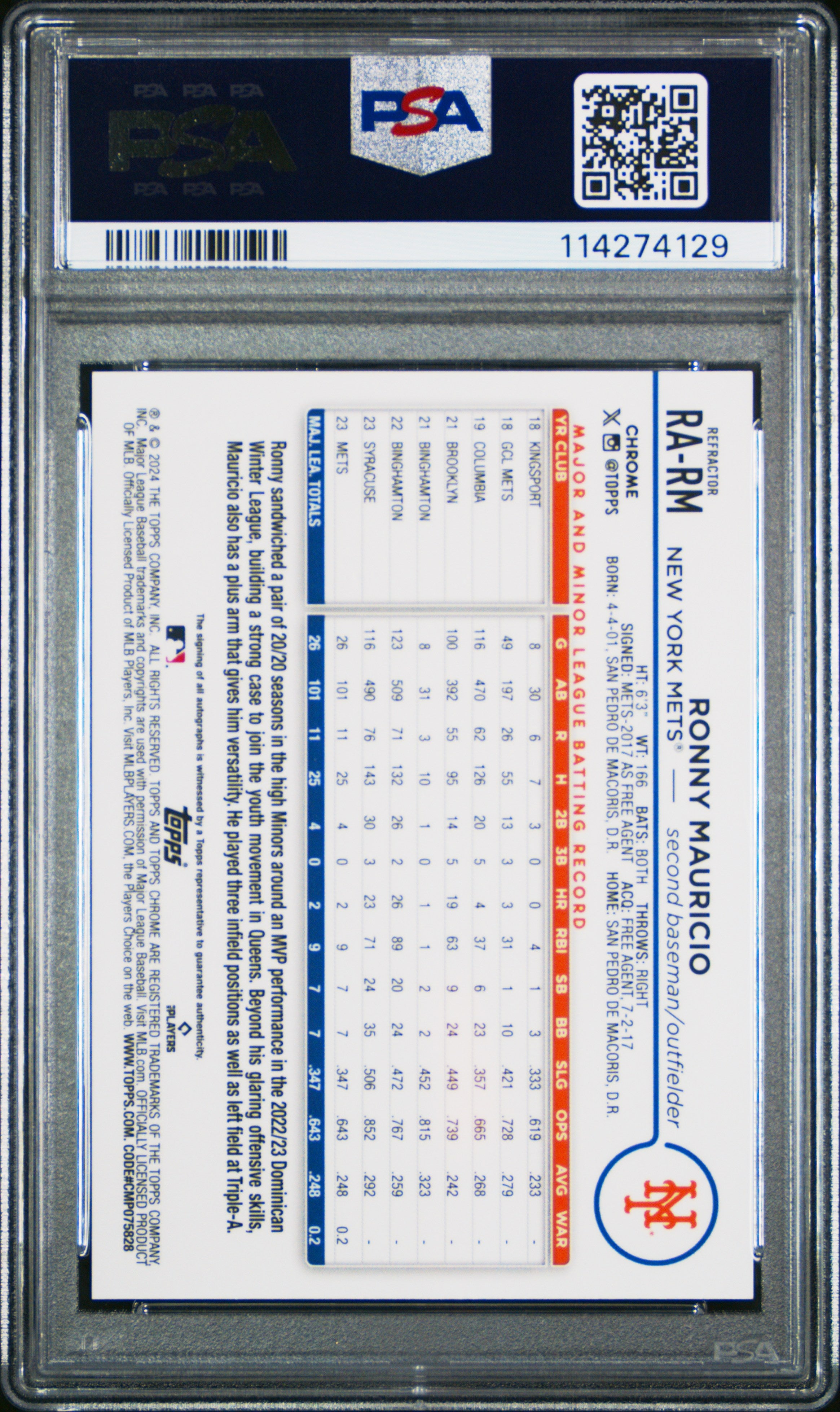 2024 Topps Chrome Rookie Autographs Ronny Mauricio Refractor PSA 10