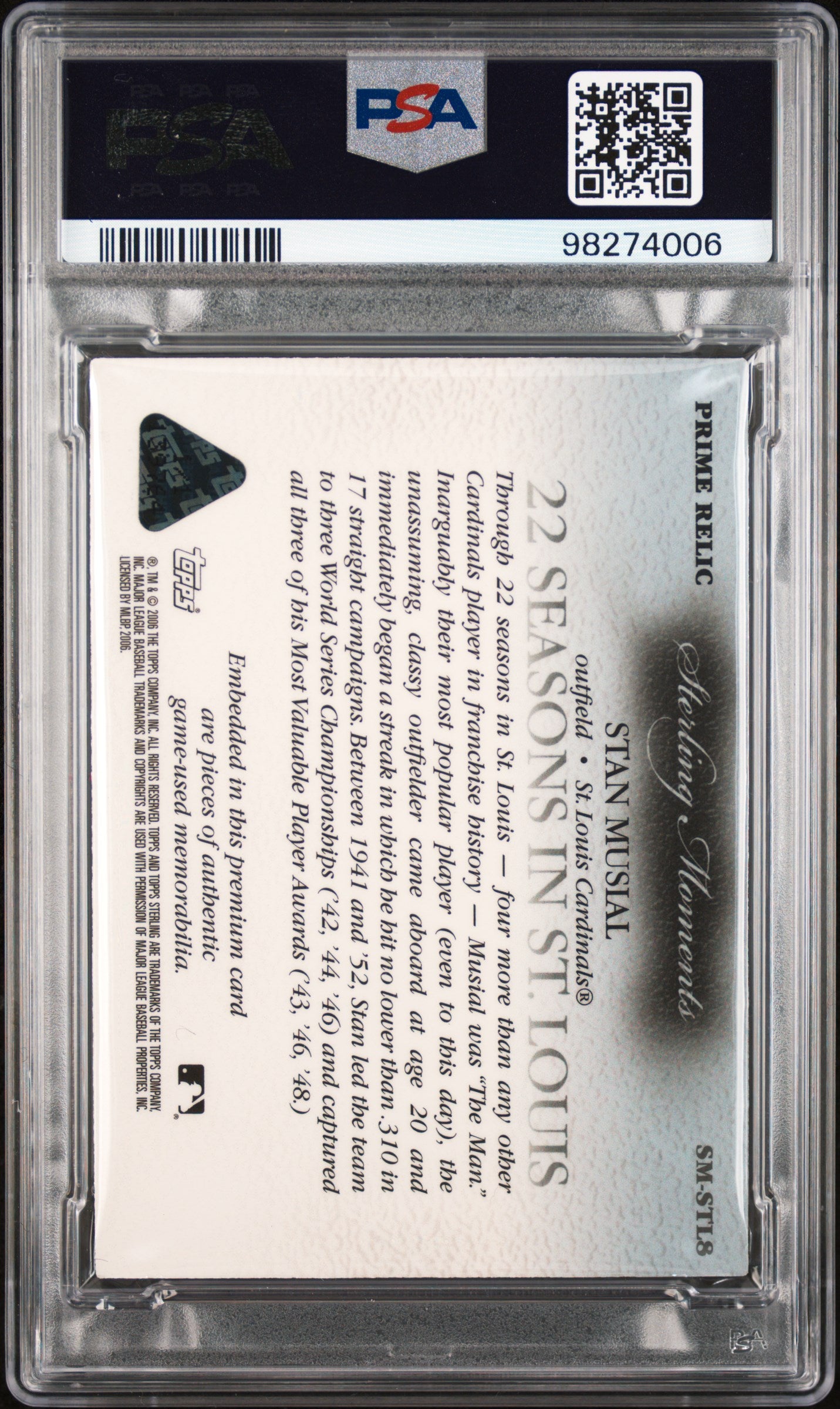 2006 Topps Sterling Moments Relics Stan Musial Prime 1/1 PSA A