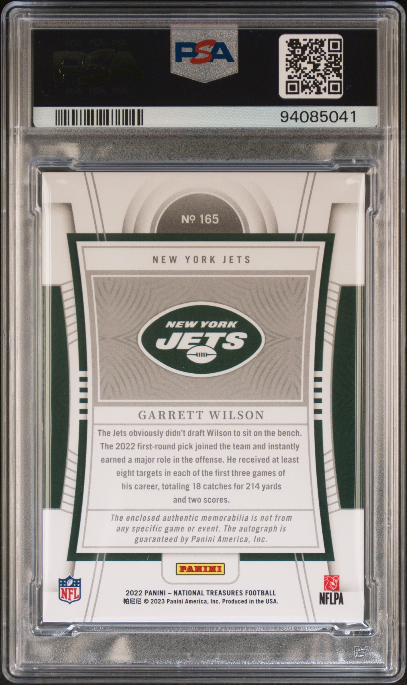 2022 Panini National Treasures Garrett Wilson True RPA /99 PSA 8