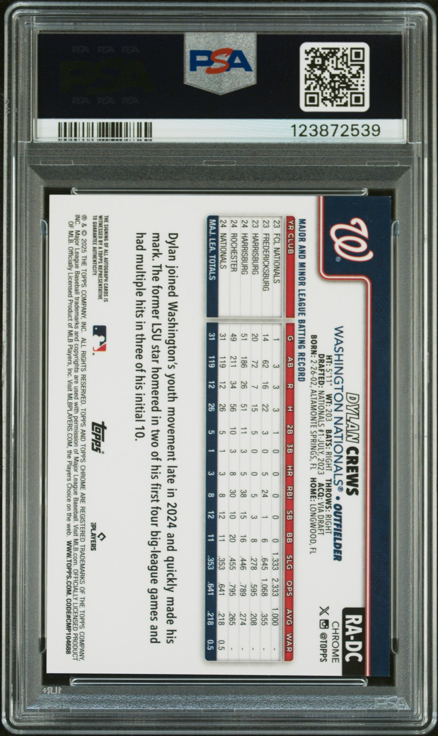 2025 Topps Chrome Rookie Autographs Dylan Crews Blue Raywave 052/150 PSA 9