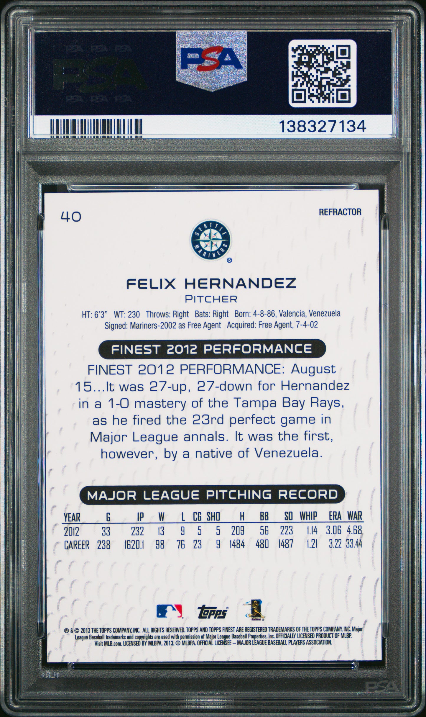 2013 Finest Felix Hernandez Gold Refractor 43/50 PSA 10