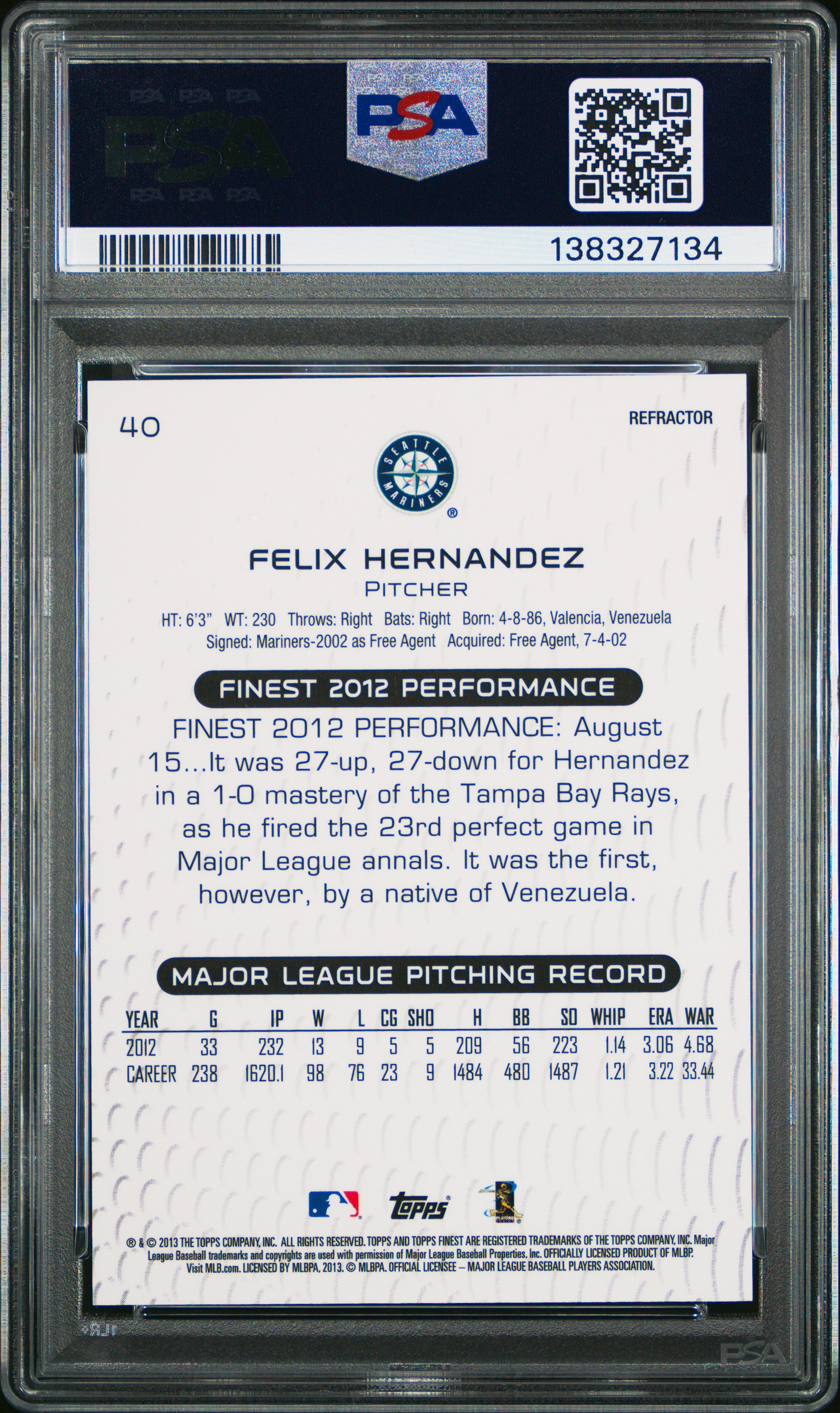 2013 Finest Felix Hernandez Gold Refractor 43/50 PSA 10
