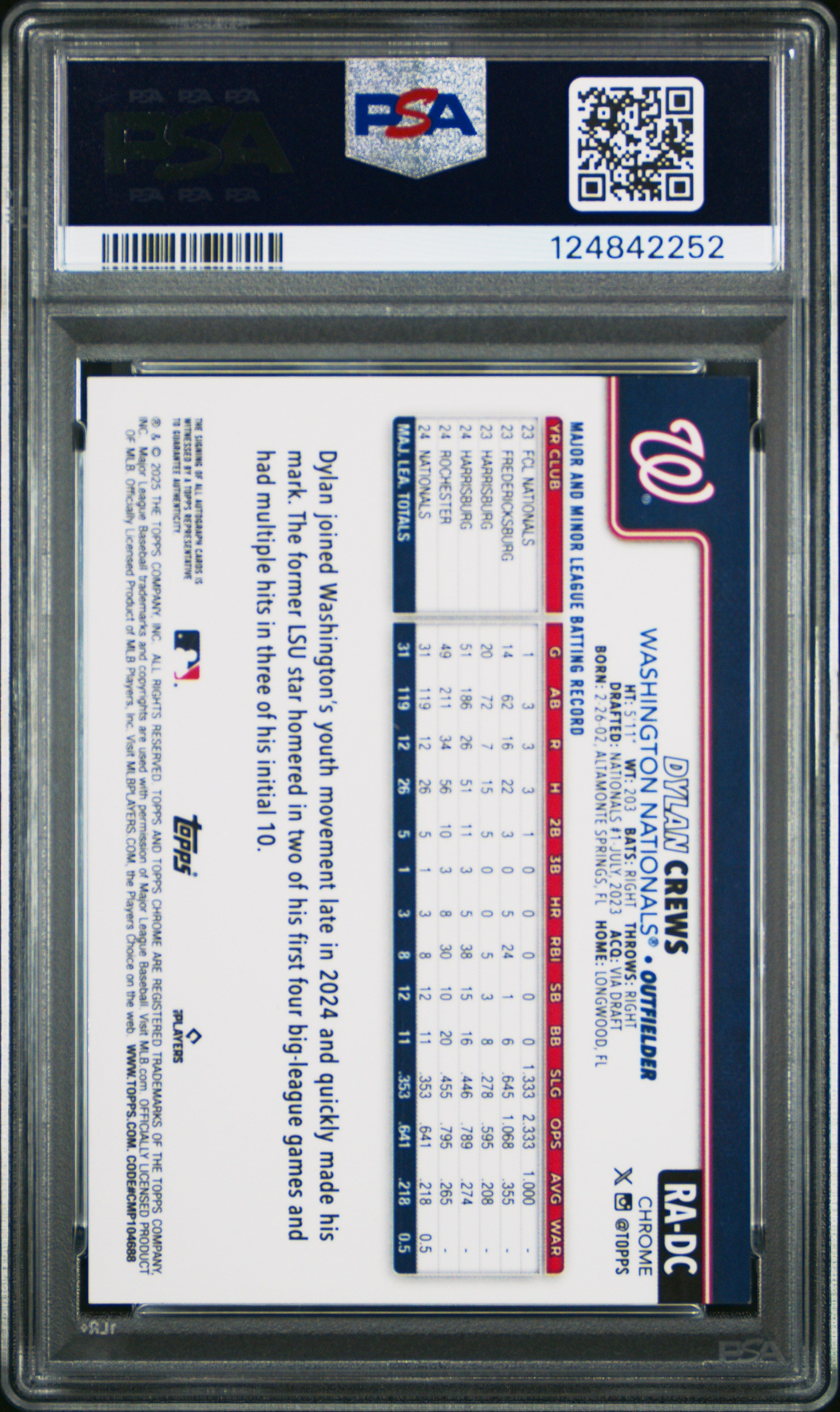 2025 Topps Chrome Rookie Autographs Dylan Crews Purple Ref 240/250 PSA 9