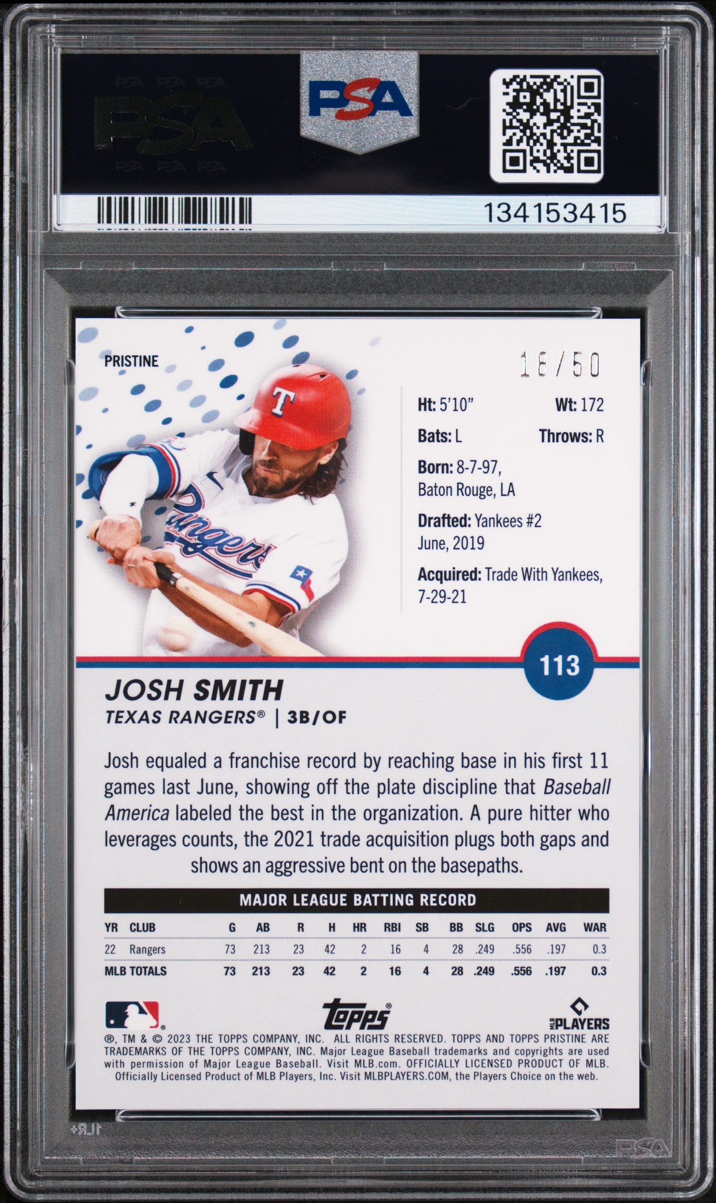 2023 Topps Pristine Josh Smith Pristine Gold /50 PSA 10