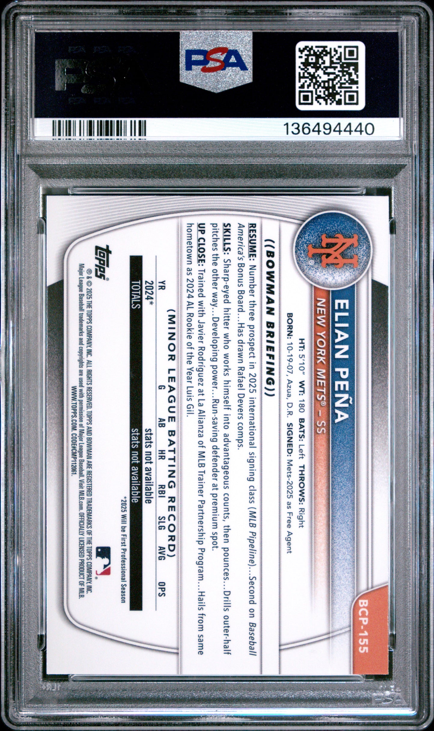 2025 Bowman Chrome Prospects Elian Pena Pulsar 281/399 PSA 10