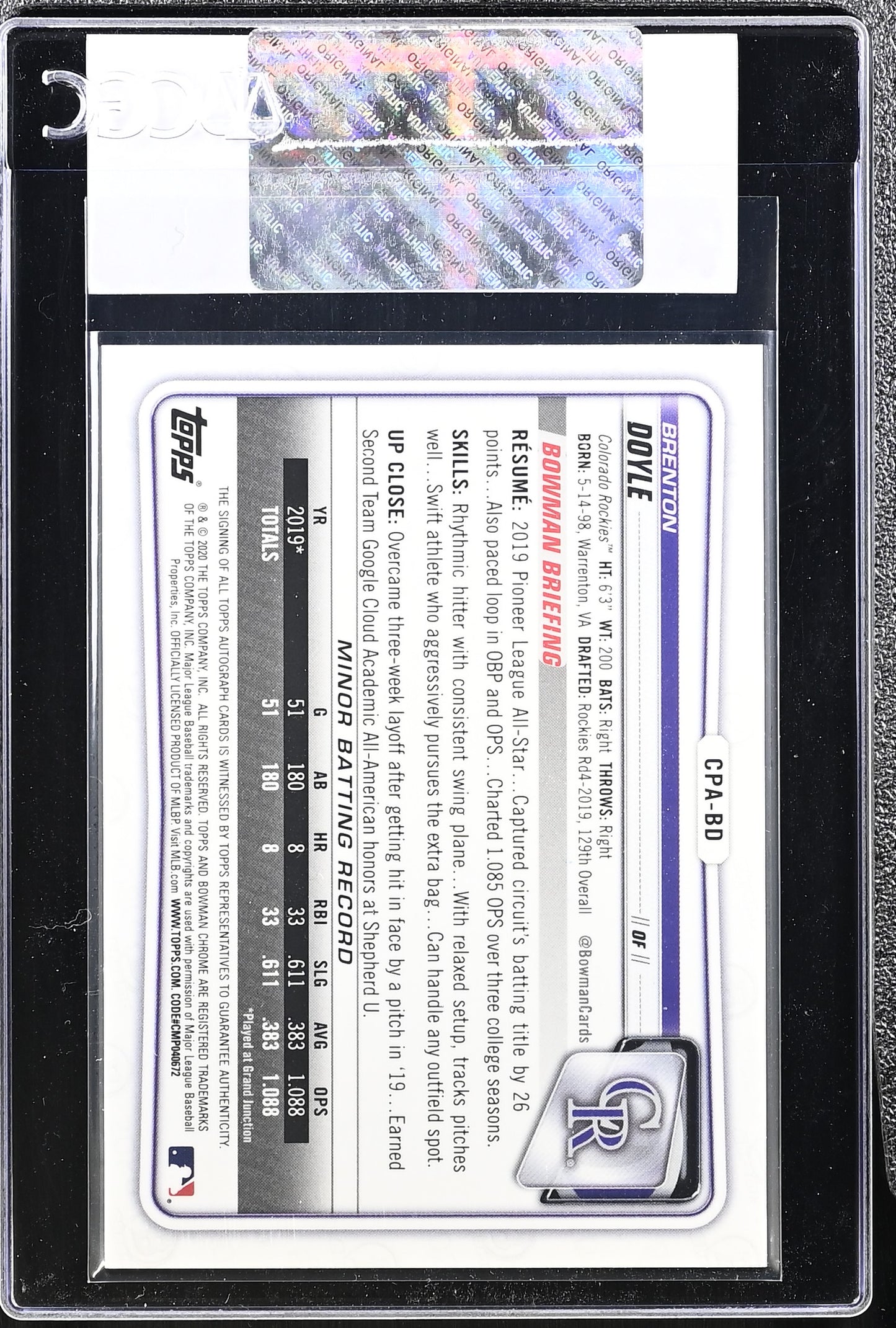 2020 Bowman Brenton Doyle Blue Refractor Chrome Prospect Autographs CGC Auth