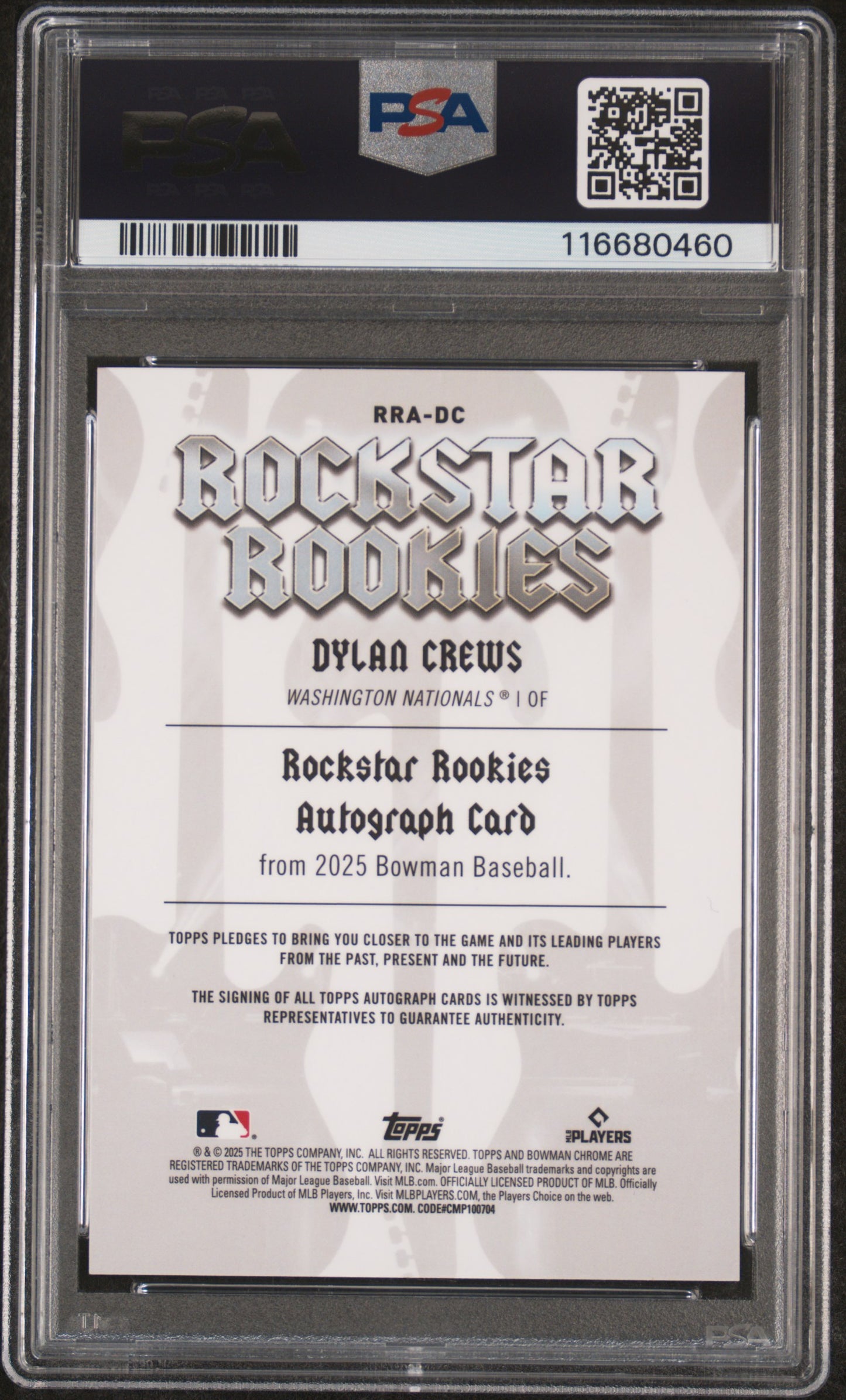 2025 Bowman Rockstar Rookies Autographs Dylan Crews 25/25 PSA 9