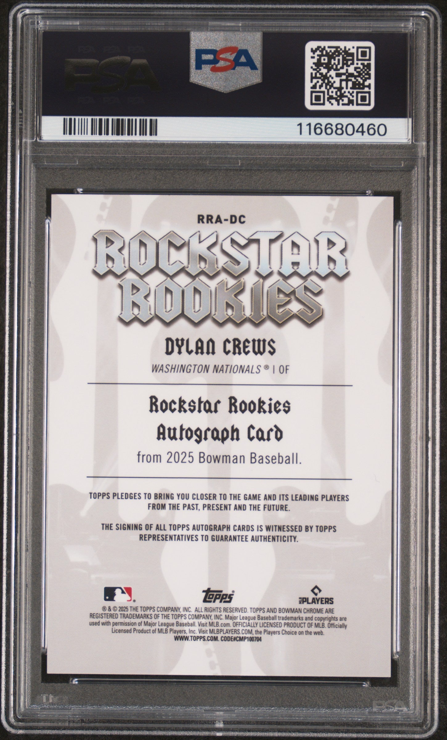 2025 Bowman Rockstar Rookies Autographs Dylan Crews 25/25 PSA 9