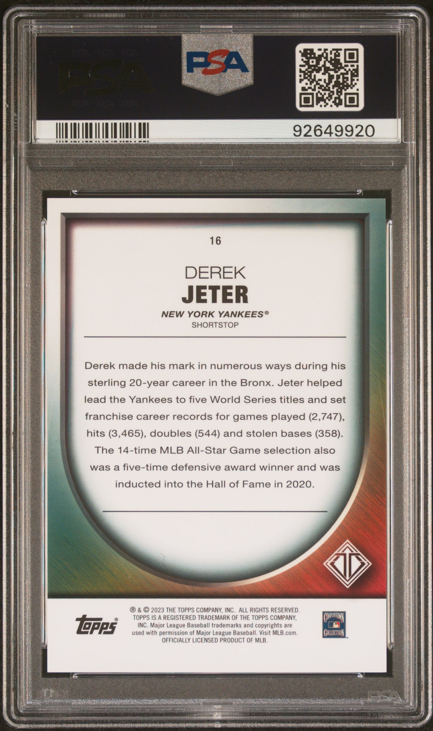 2023 Topps Transcendent Collection Icons Chrome Derek Jeter Var Gold 1/10 PSA 10