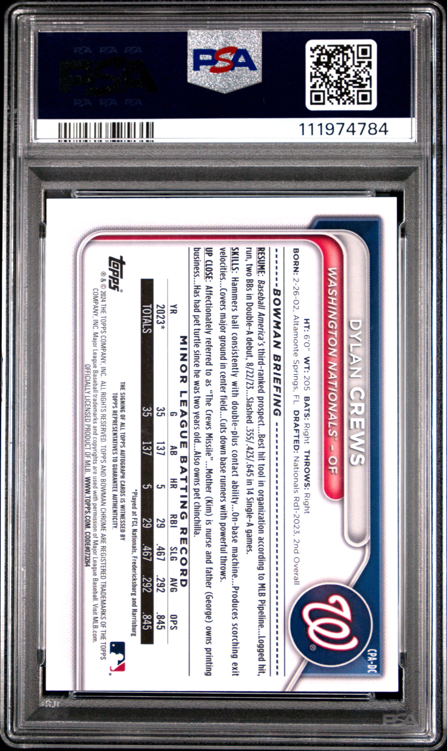 2024 Bowman Chrome Prospect Autographs Dylan Crews Blue Ref 002/150 PSA 9