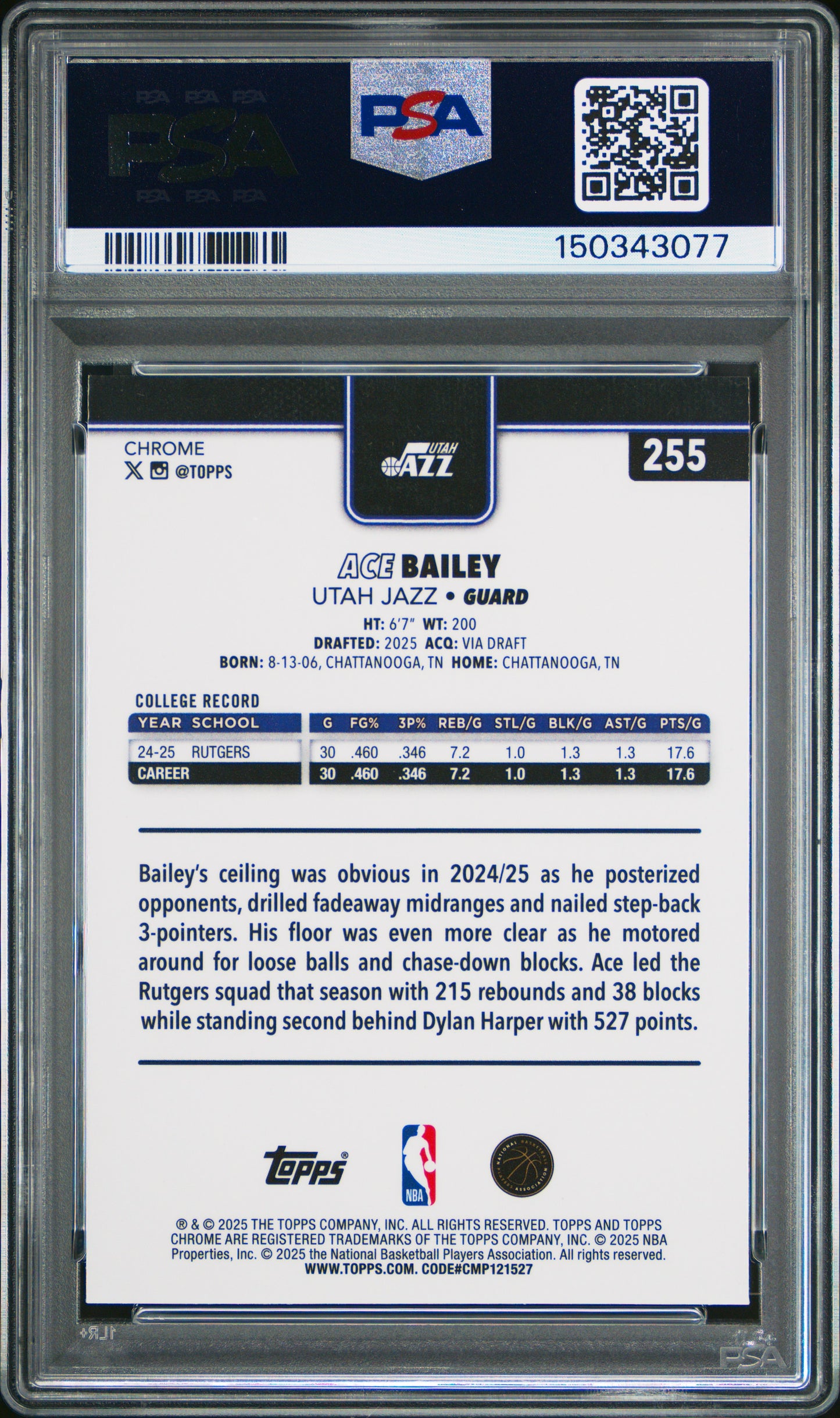 2025 Topps Chrome Ace Bailey X Fractor RC PSA 10