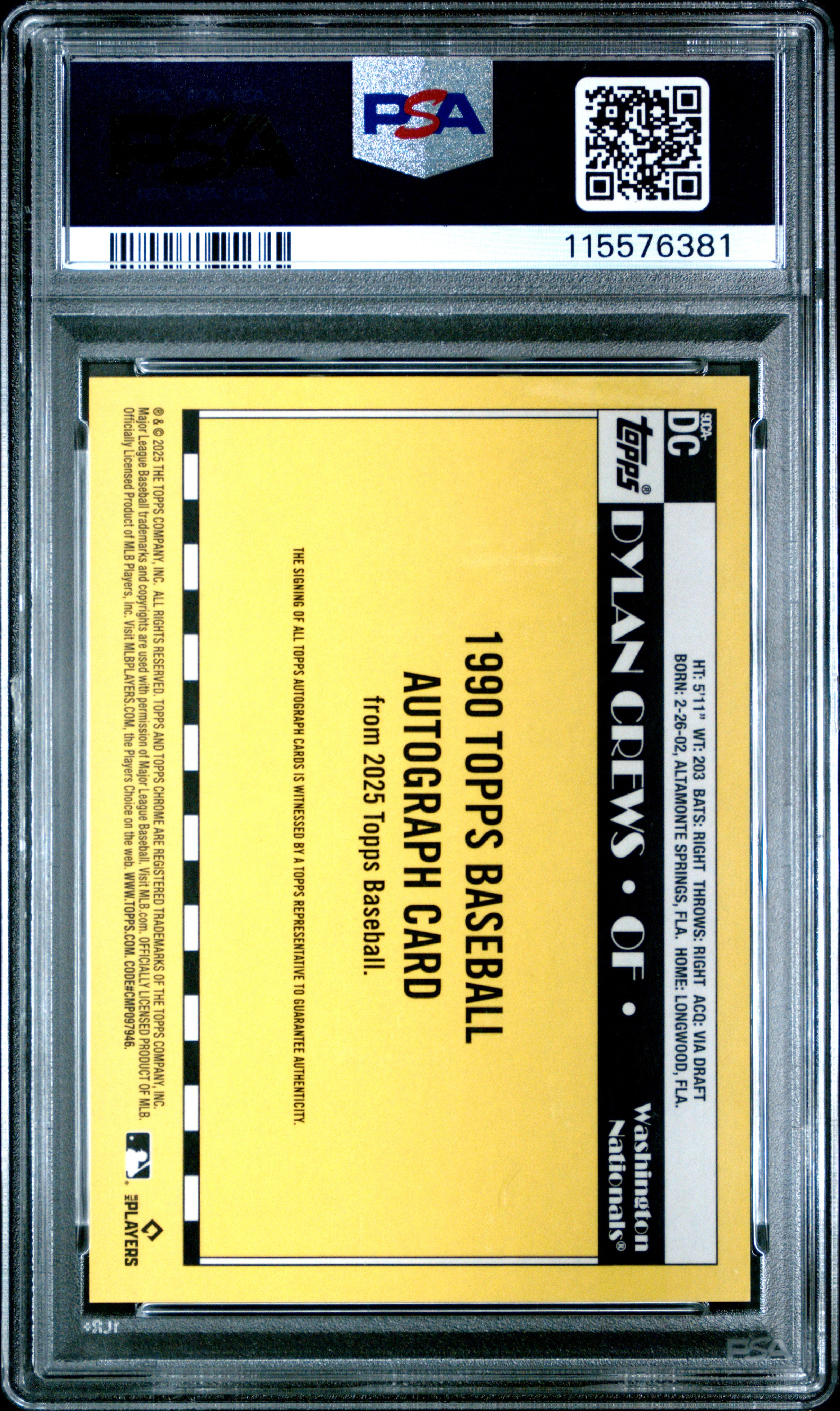 2025 Topps Silver Pack 1990 Chrome Promo Autograph Dylan Crews Gold 36/50 PSA 10