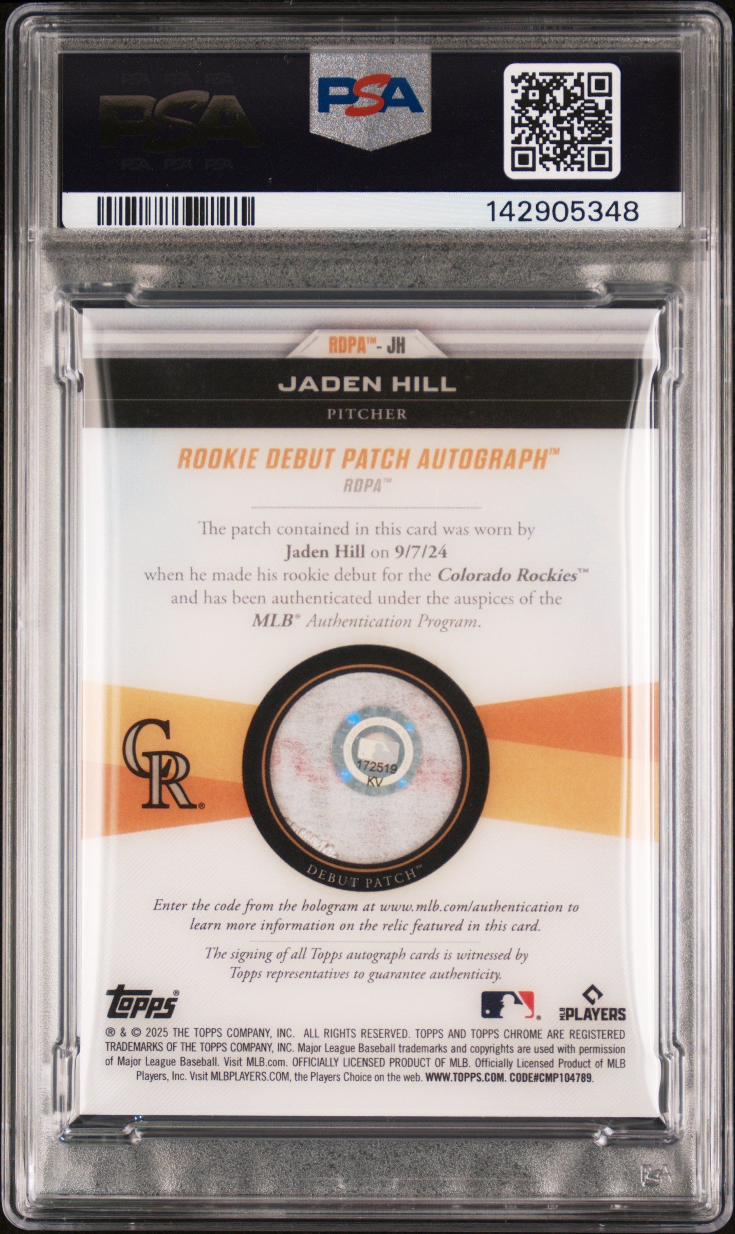 2025 Topps Chrome Update Rookie Debut Patch Autographs 1/1 Jaden Hill RKE 1/1 PSA 8 Auto 9