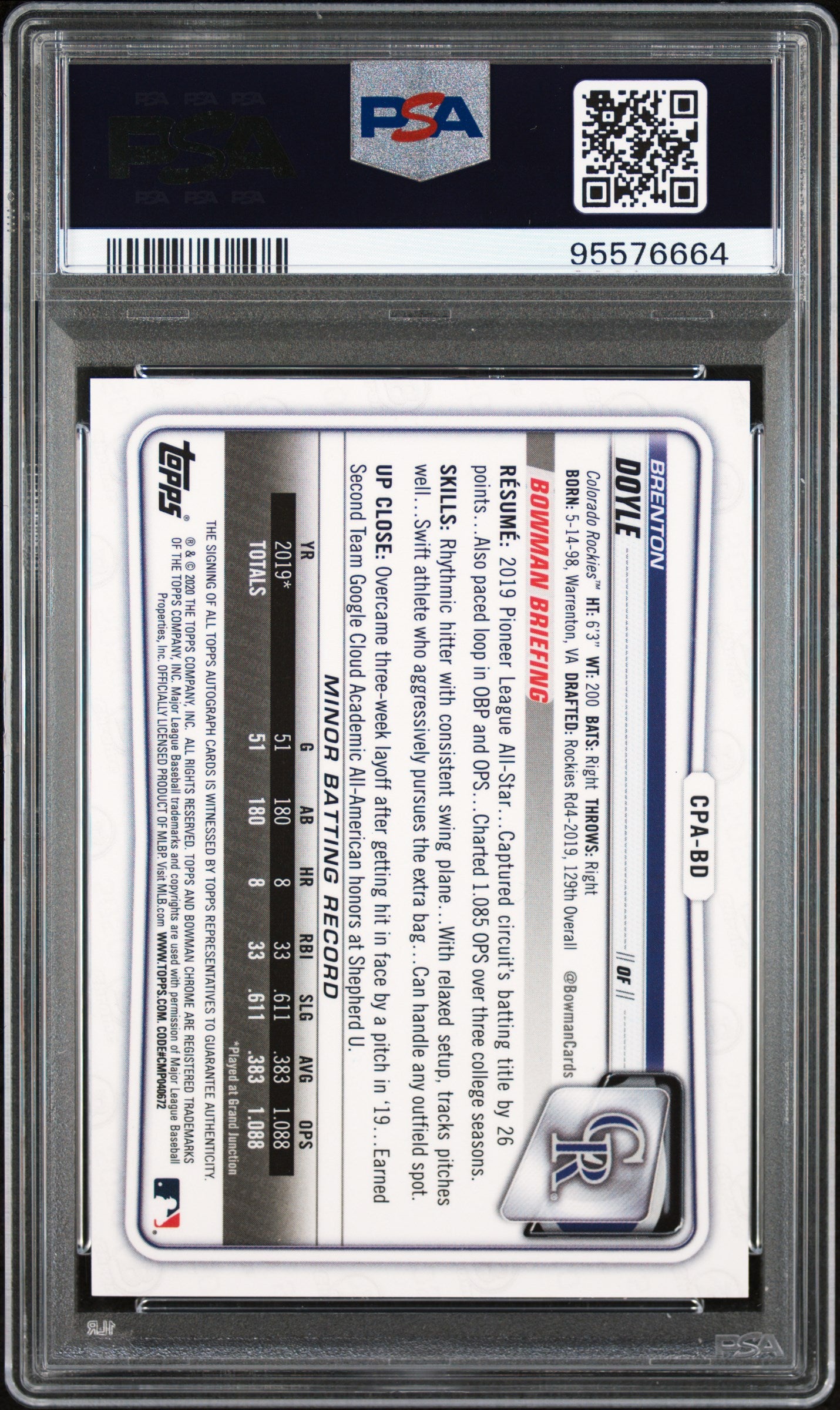 2020 Bowman Chrome Prospect Autographs Brenton Doyle Blue Choice /150 PSA 10