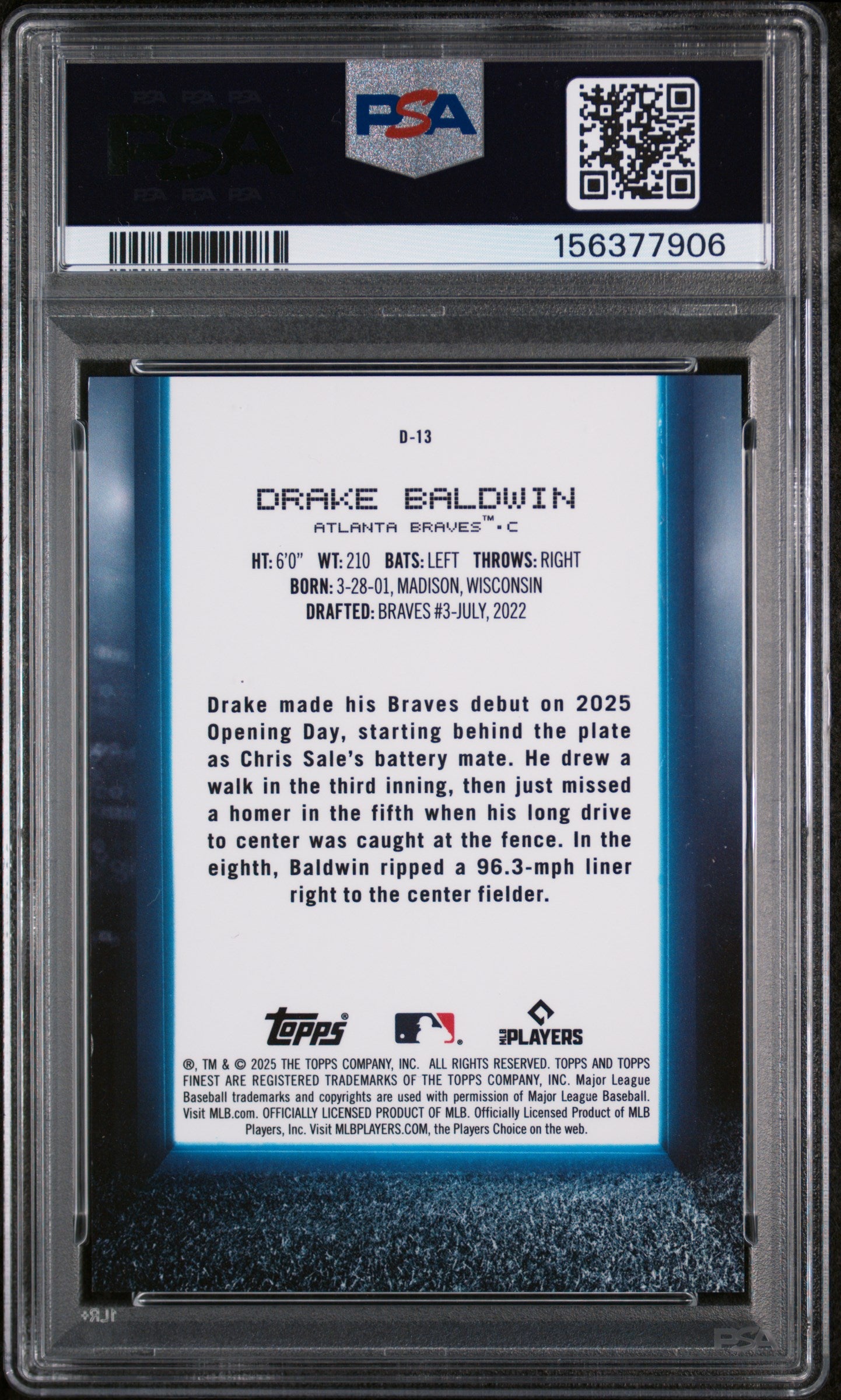 2025 Topps Finest Debut Drake Baldwin Orange Refractor 12/25 PSA 9