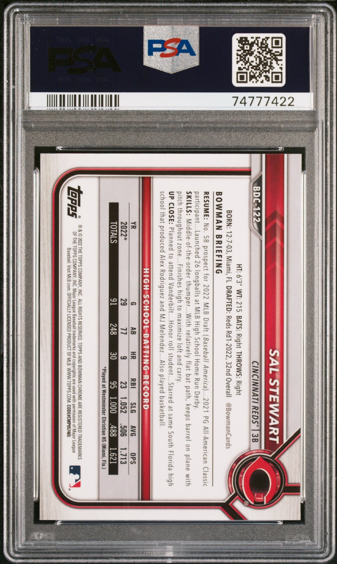 2022 Bowman Draft Chrome Sapphire Edition Sal Stewart Yellow /99 PSA 9