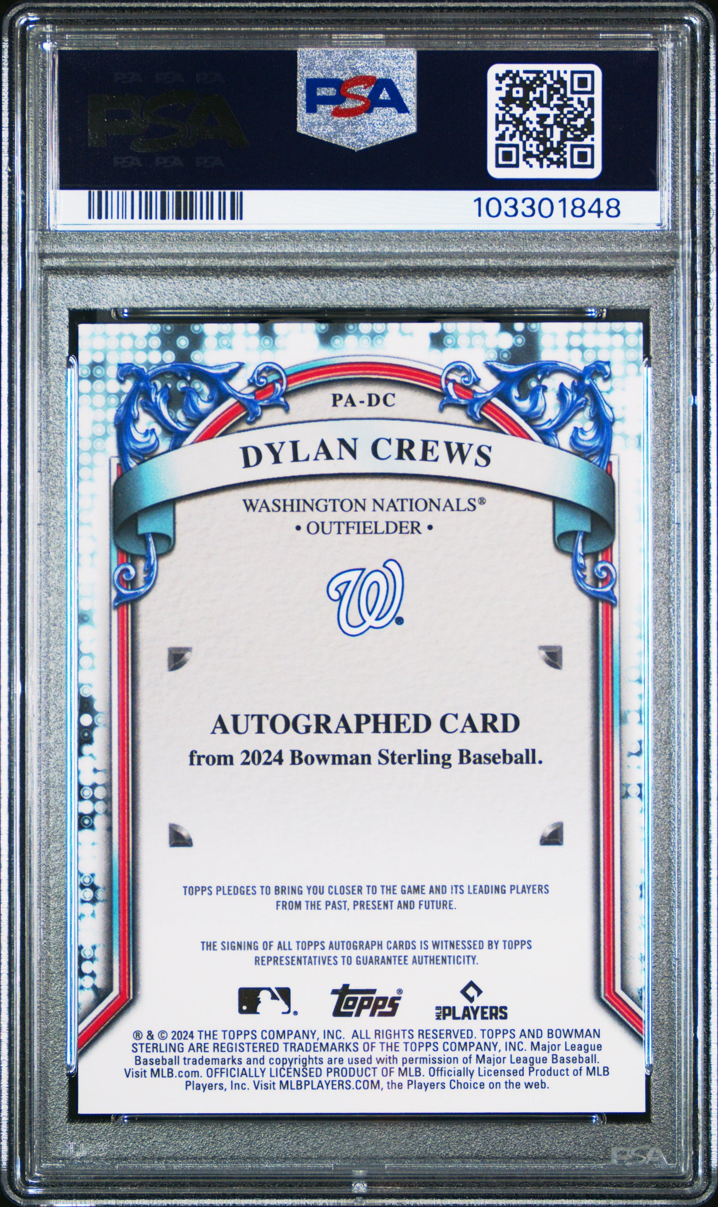 2024 Bowman Sterling Prospect Autographs Dylan Crews #PADC Pa Blue Scintillate 15/25 PSA 10