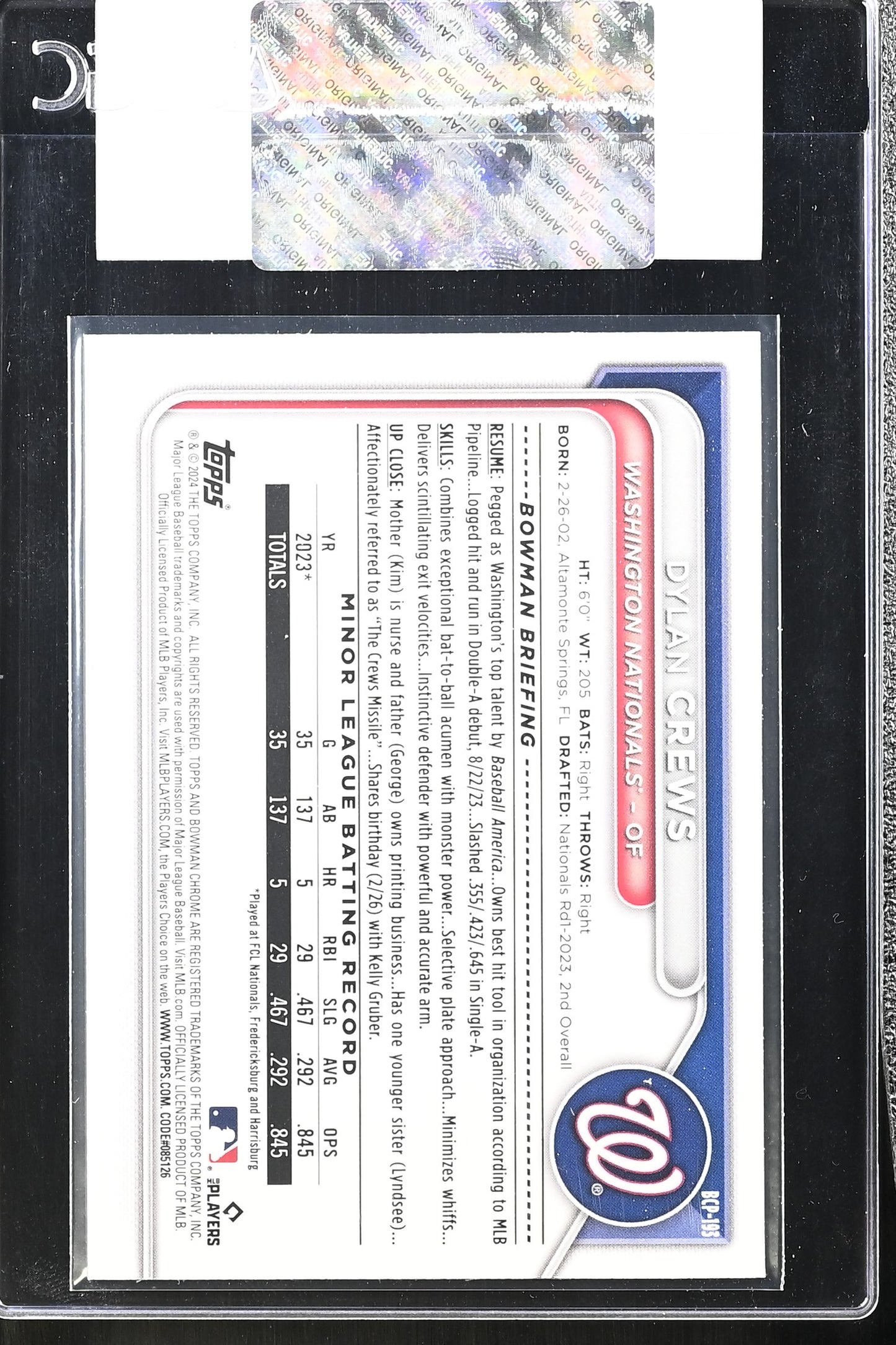 2024 Bowman Chrome Dylan Crews Etched in Glass Variation Prospects CGC Authentic