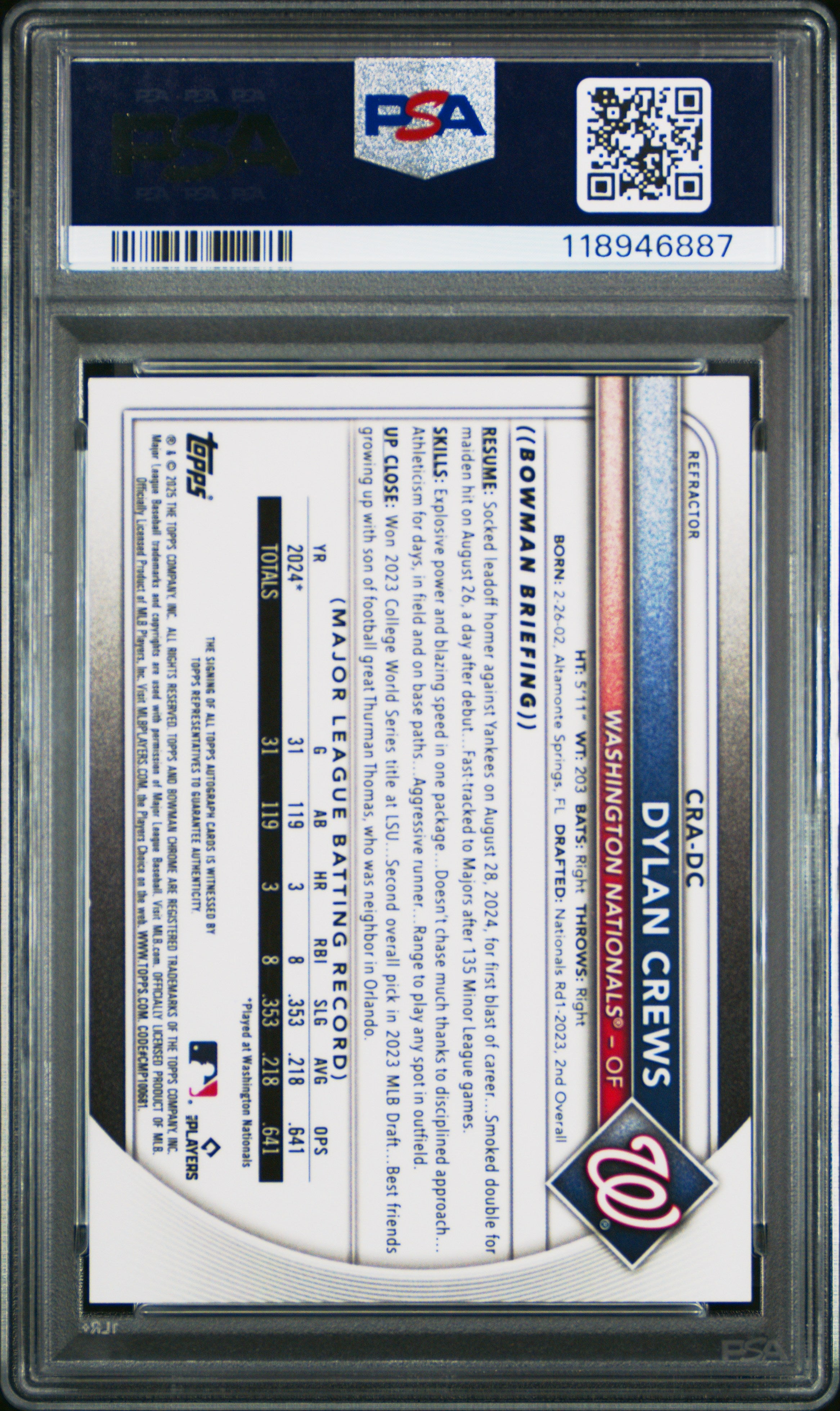 2025 Bowman Chrome Rookie Autographs Dylan Crews Refractor 387/499 PSA 9