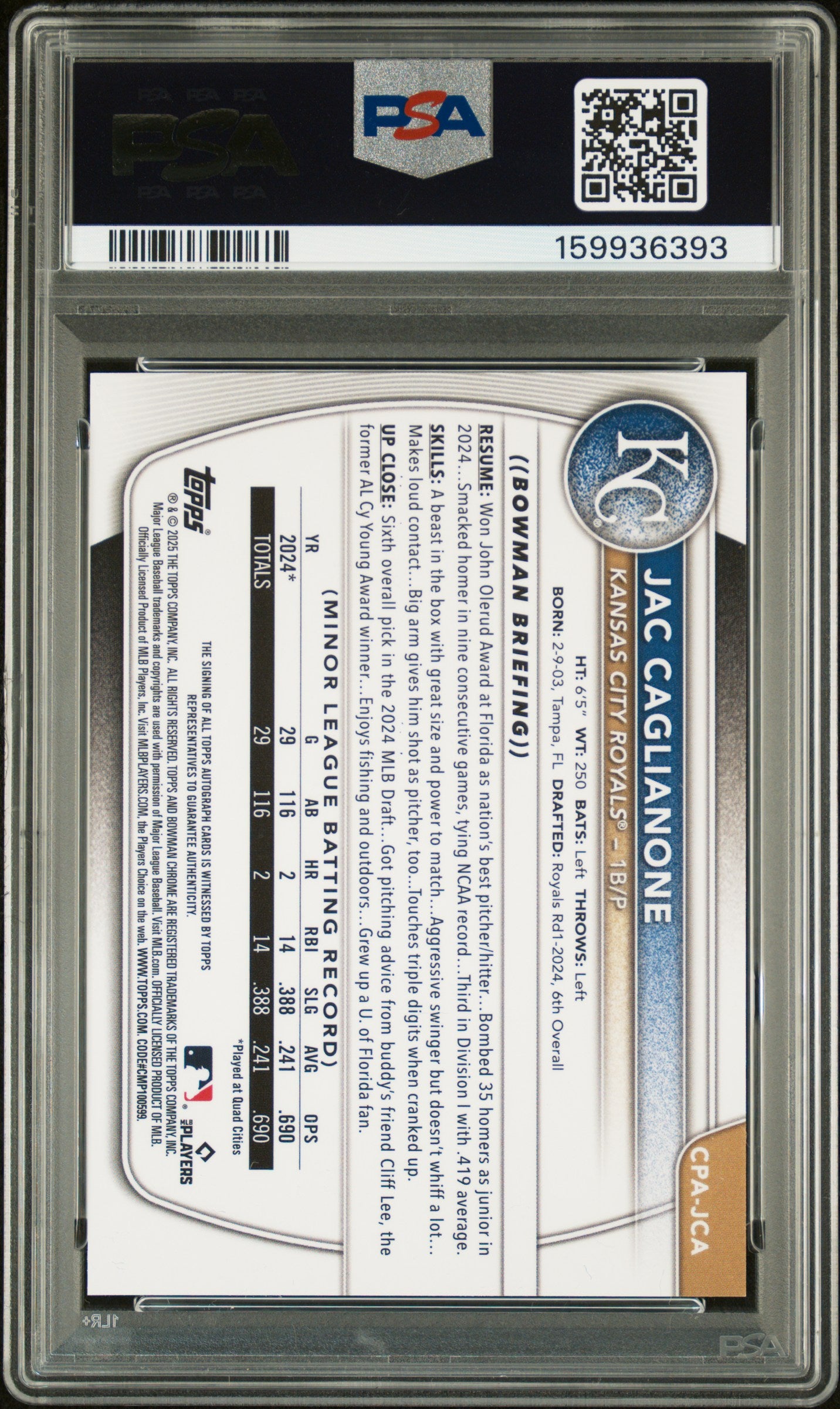 2025 Bowman Chrome Prospect Autographs Jac Caglianone Gold Ref 43/50 PSA 8