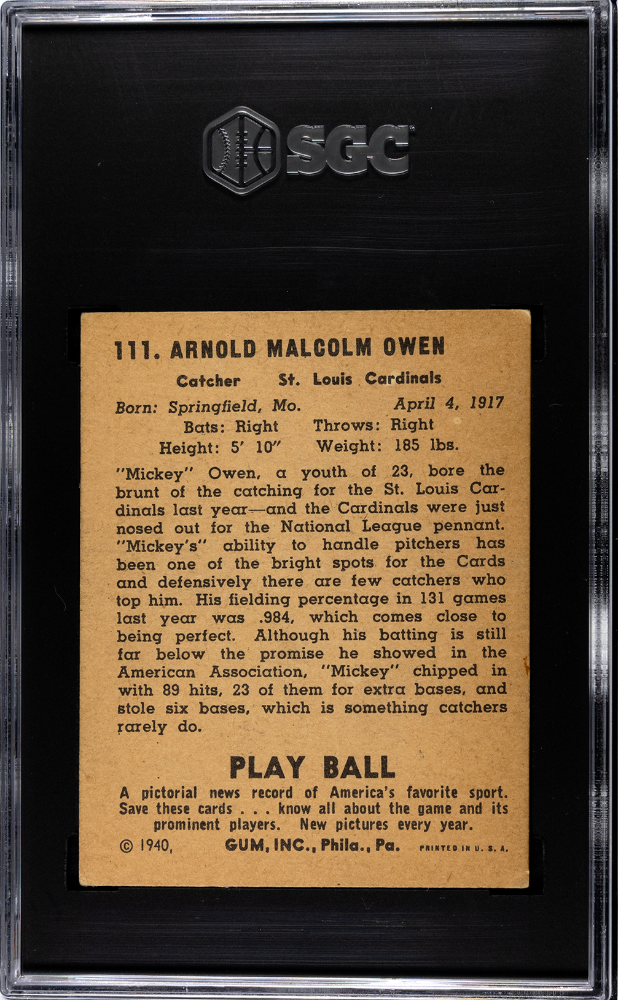 1940 Playball Mickey Owen SGC 4