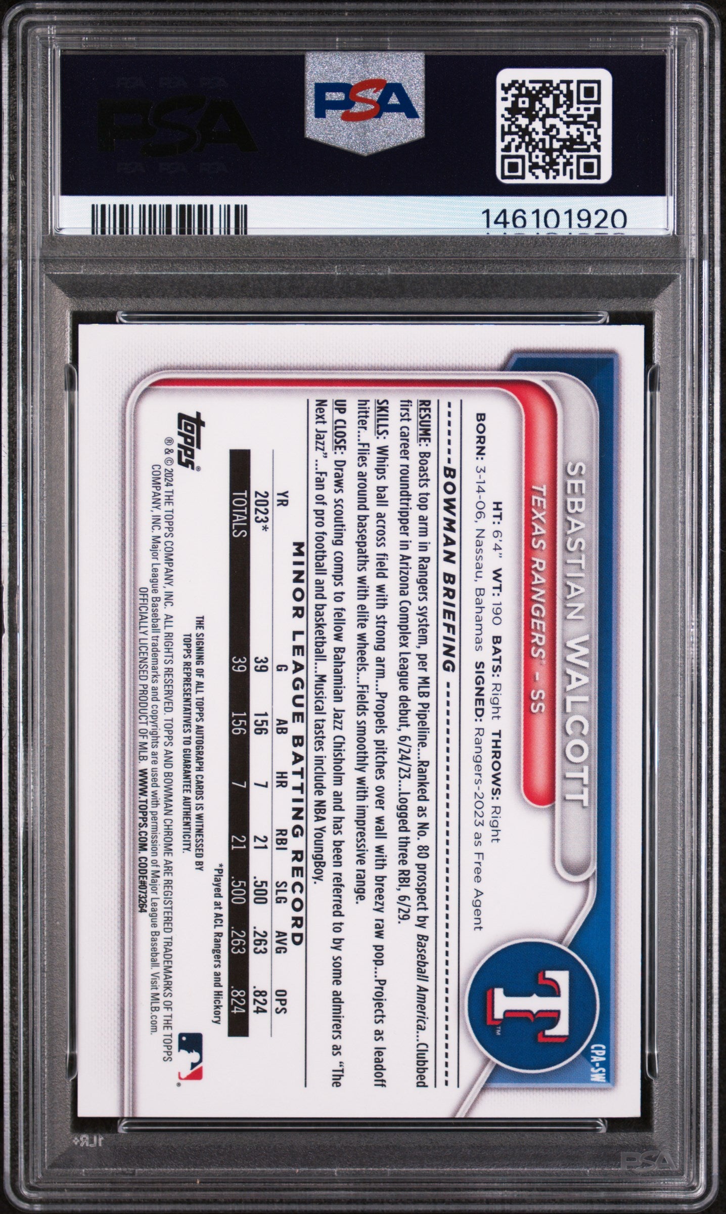2024 Bowman Chrome Prospect Autographs Sebastian Walcott Speckle Ref/299 PSA 10