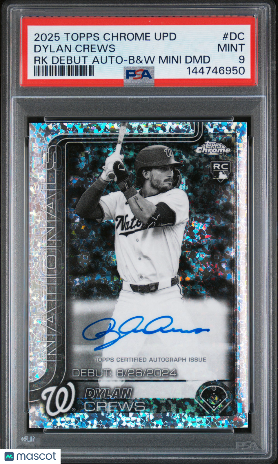 2025 Topps Chrome Update Rookie Debut Autographs Dylan Crews RK B&W Mini DMD PSA 9