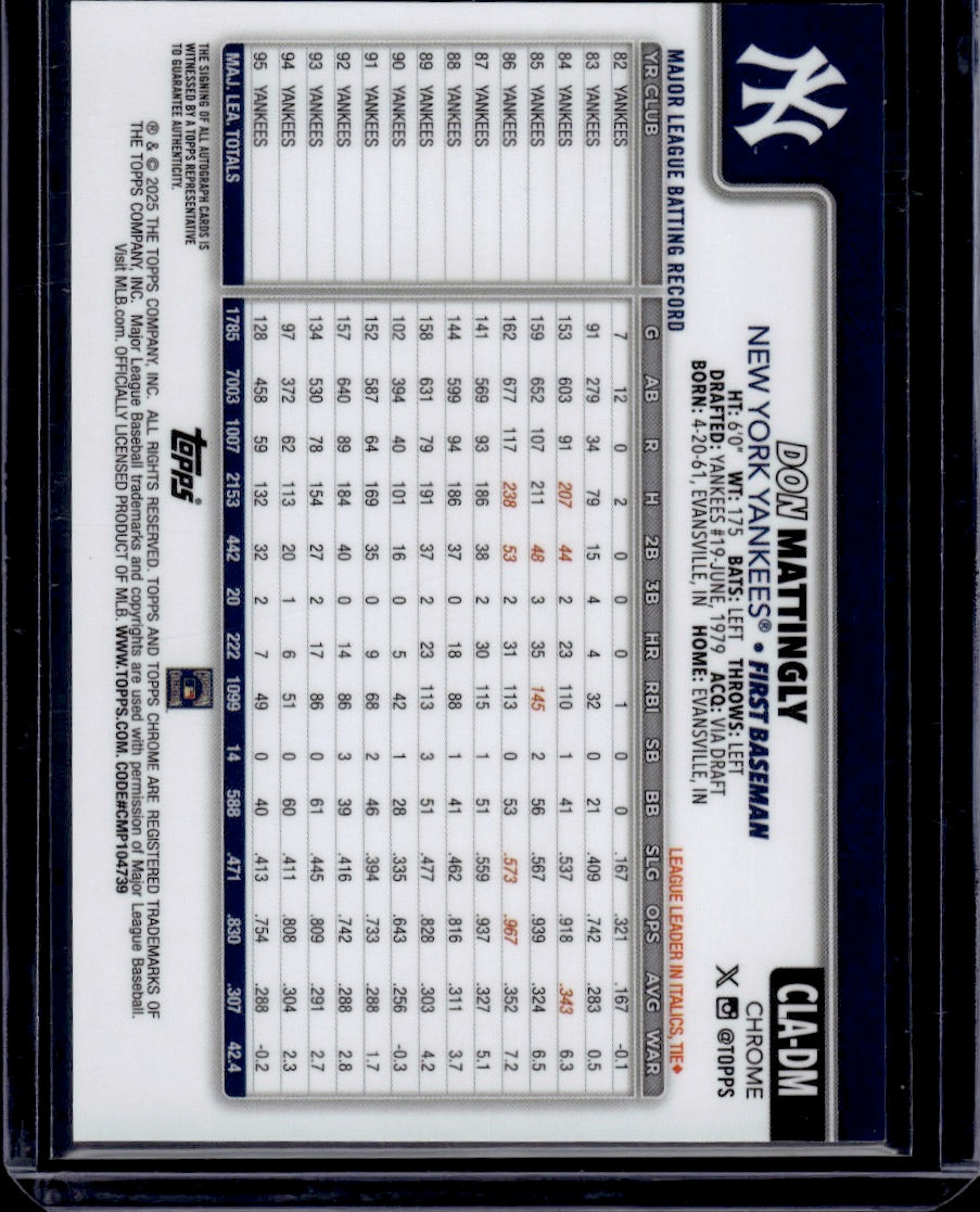 2025 Topps Chrome Don Mattingly Refractor Auto /50