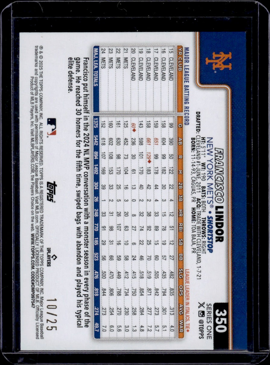 2025 Topps Series One Francisco Lindor Orange /25