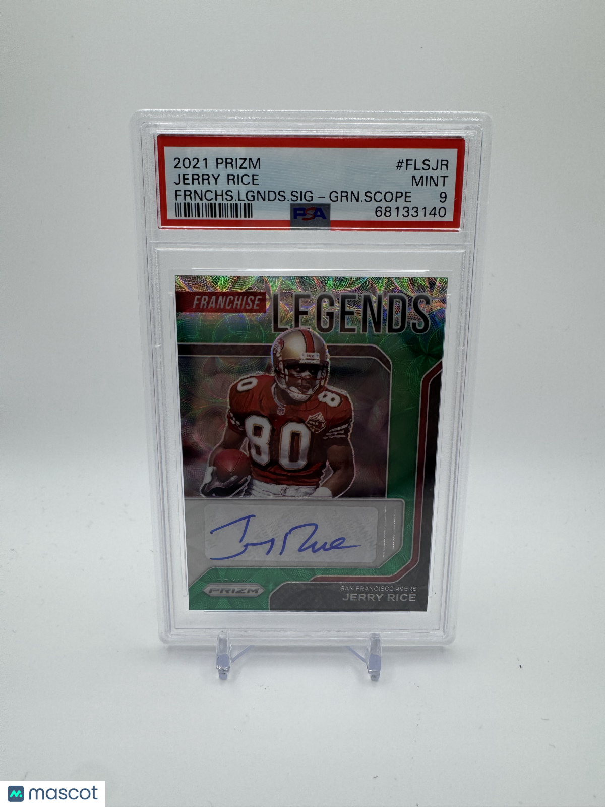 2021 Panini Prizm Franchise Legends Signatures Jerry Rice Green Scope /49 PSA 9