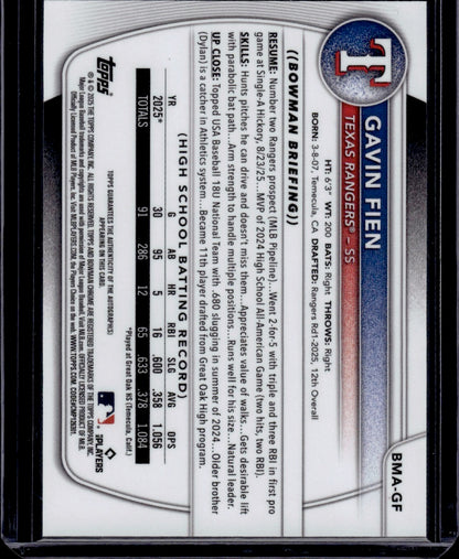 2025 Topps Bowman Chrome Gavin Fien Gold Mojo Refractor Auto /50