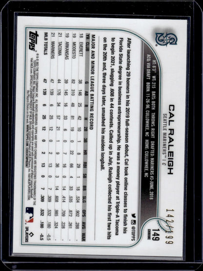 2022 Topps Chrome Cal Raleigh Aqua Speckle RC 142/199