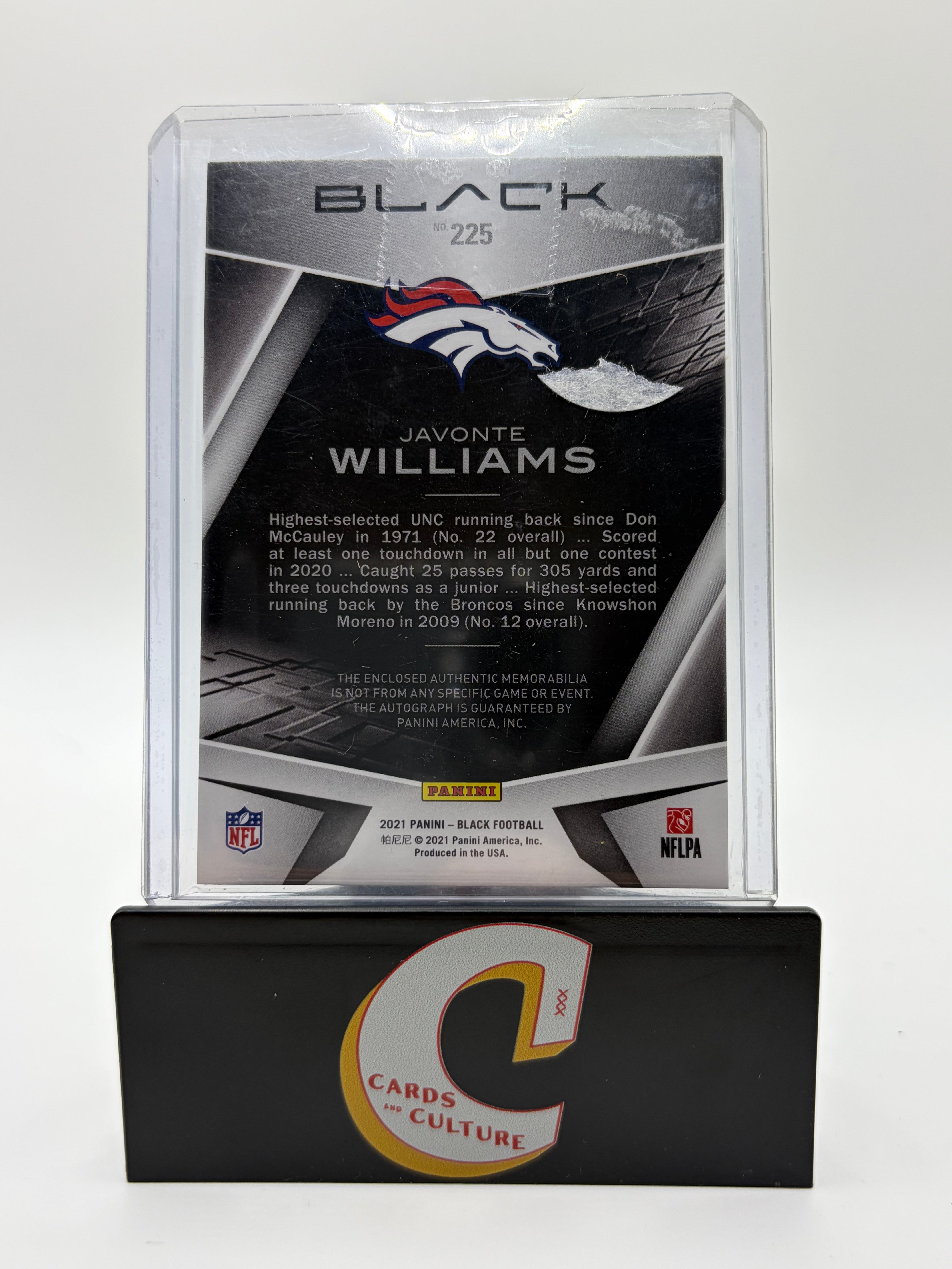 2021 Panini Black Football Javonte Williams Green RPA /25