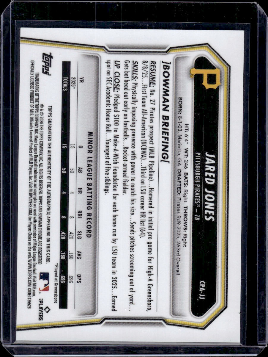 2026 Bowman Chrome Jared Jones 1st Bowman Blue X-Fractor /150 Auto