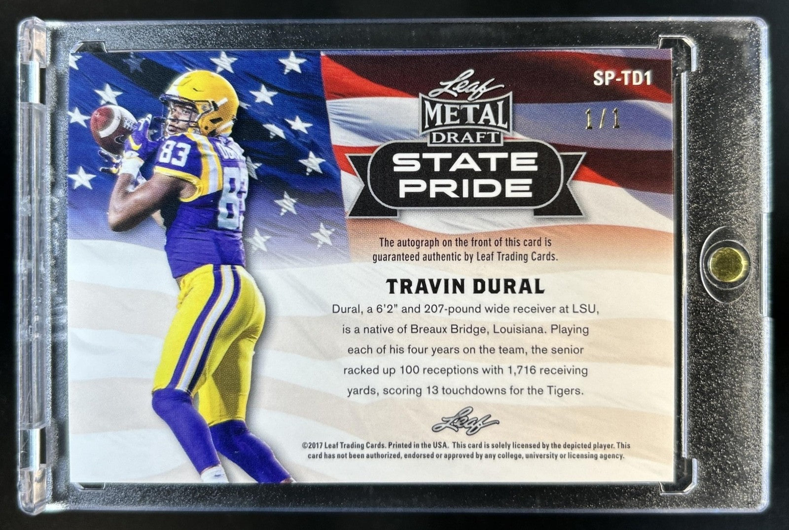 2017 Leaf Metal Draft Travin Dural State Pride Auto Gold Rookie RC #1/1 Tigers