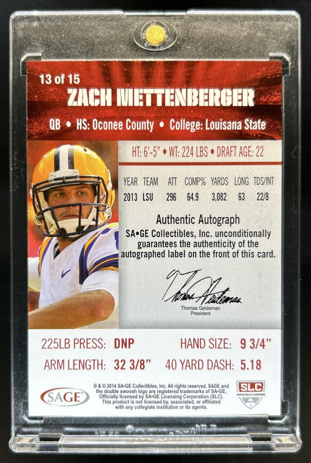2014 SAGE Auto Zach Mettenberger Aspire Master Edition Rookie RC #1/1 Tigers