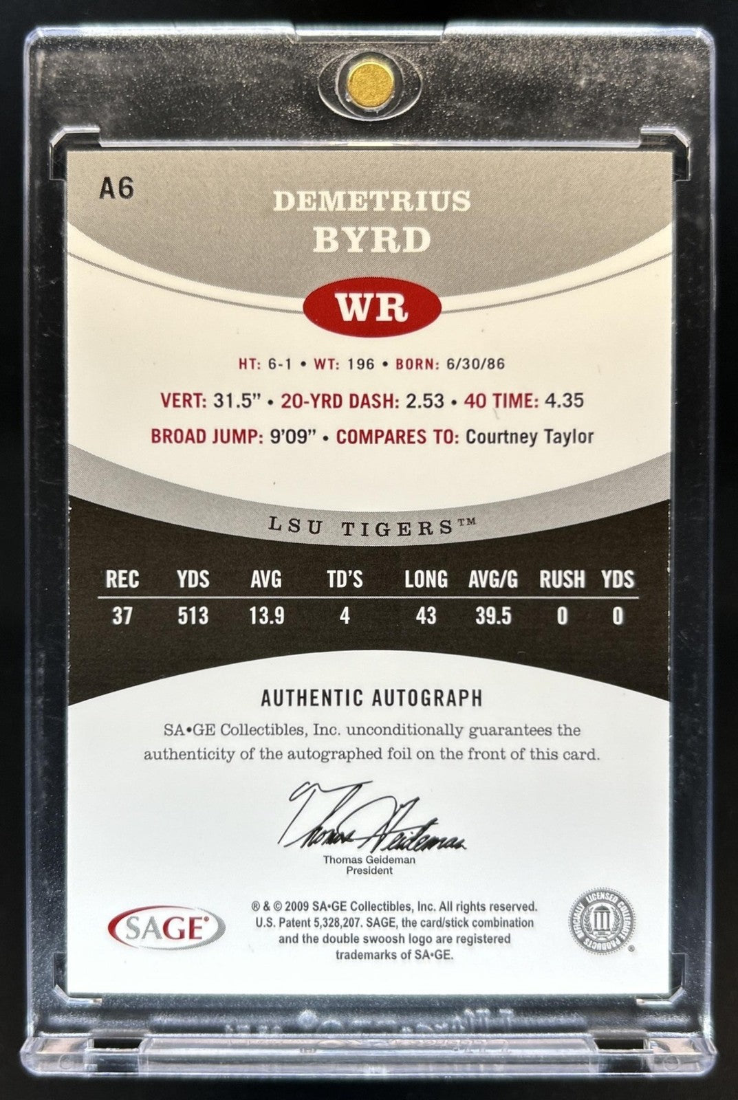 2009 SAGE Demetrius Byrd Auto Autograph Master Edition Rookie RC #1/1 Tigers