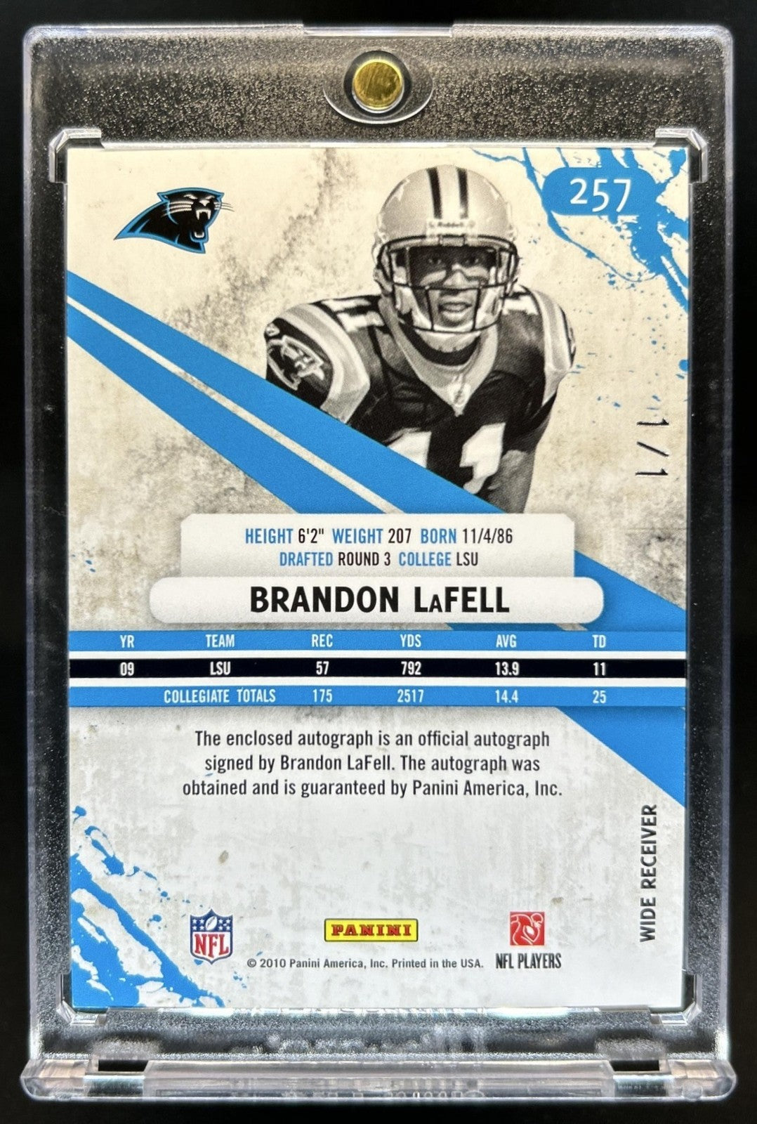 2010 Panini Rookies & Stars Brandon LaFell Rookie Patch Auto Platinum RC #1/1