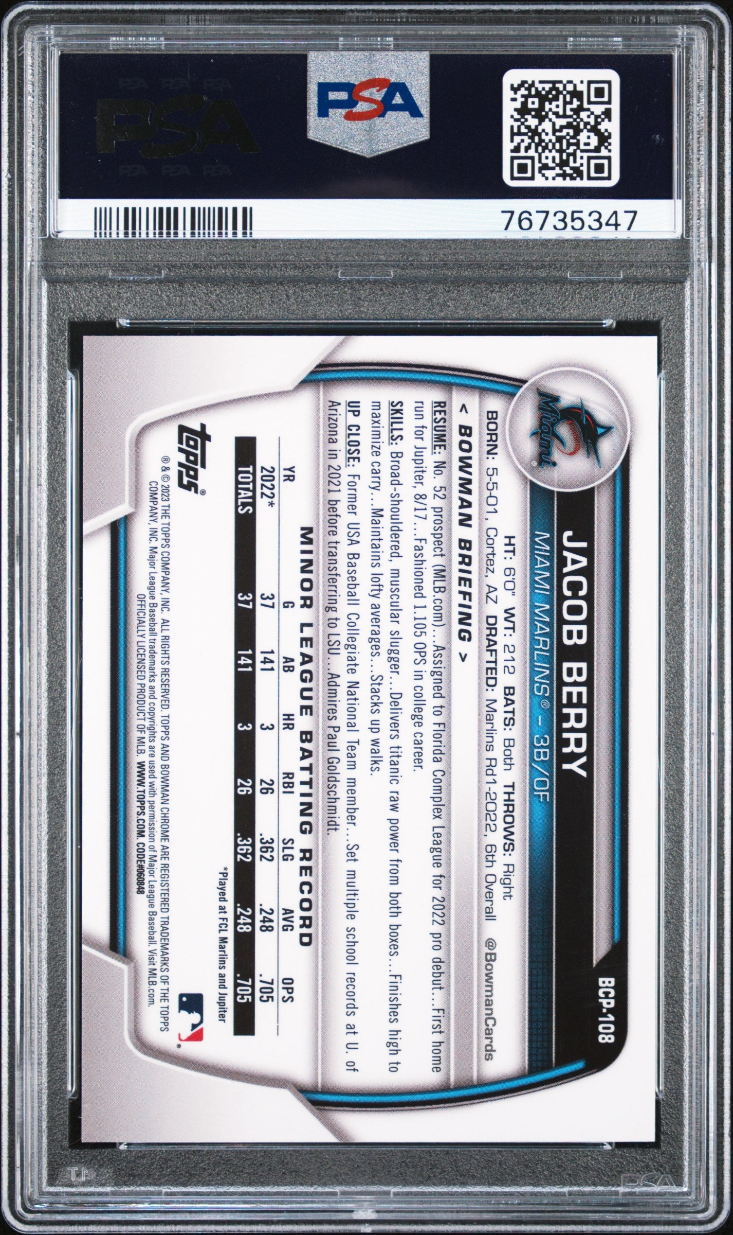 2023 Bowman Sapphire Edition Chrome Prospects Jacob Berry Green 53/60 PSA 10