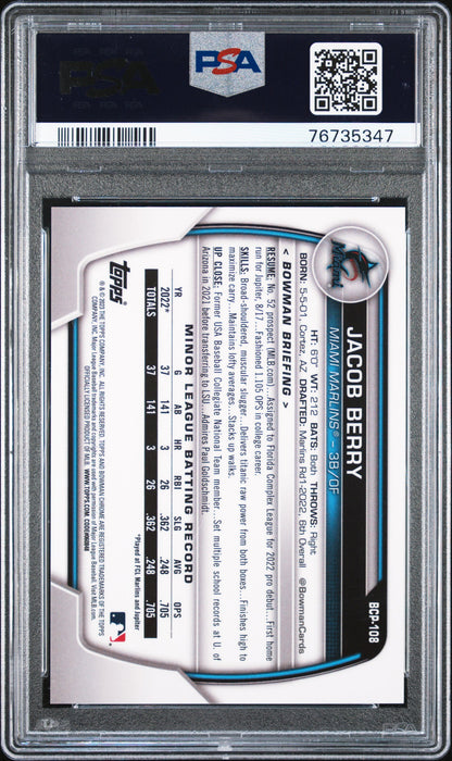 2023 Bowman Sapphire Edition Chrome Prospects Jacob Berry Green 53/60 PSA 10