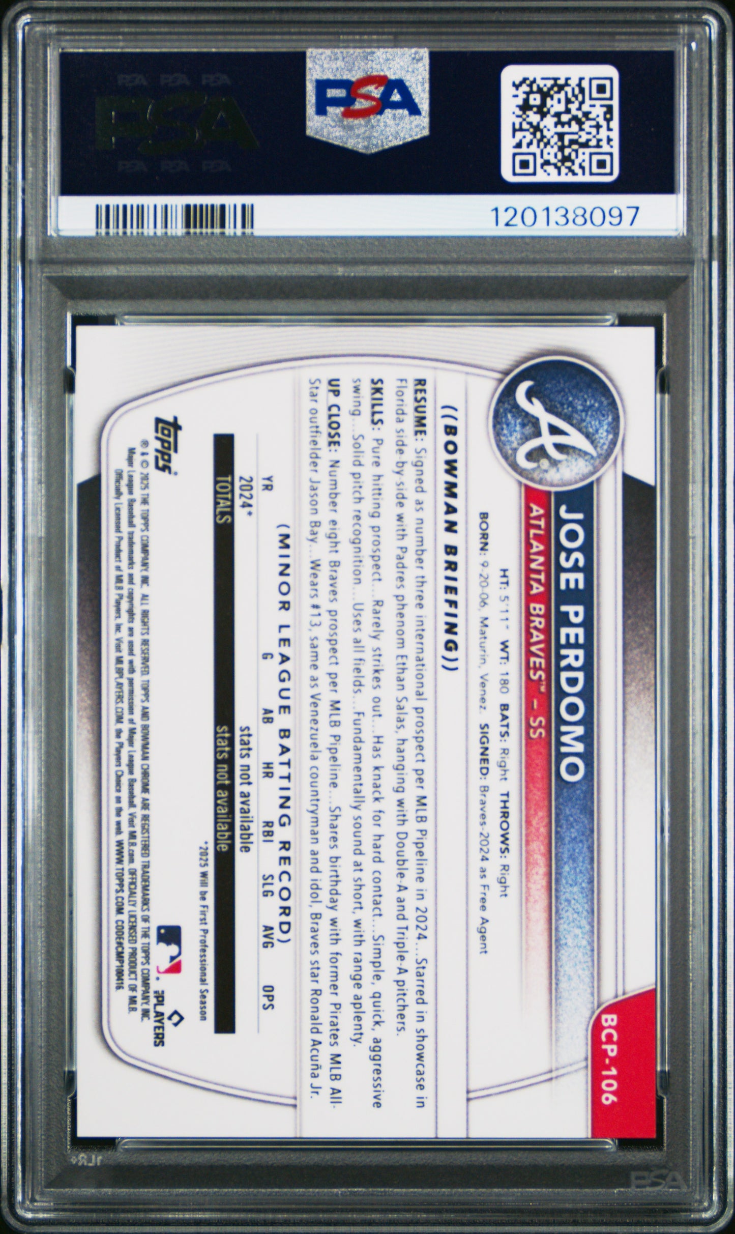 2025 Bowman Chrome Prospects Jose Perdomo Aqua X Fractor 109/125 PSA 9