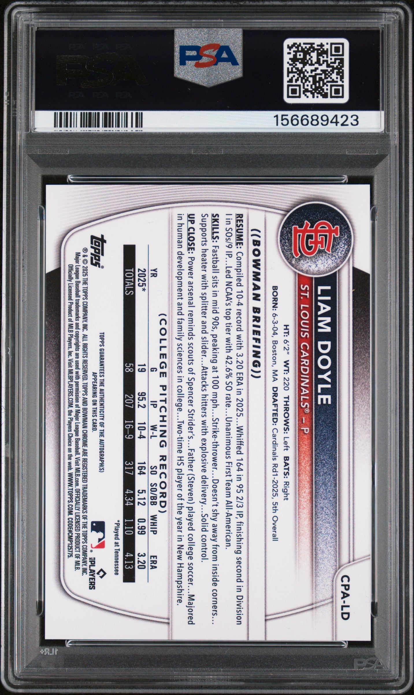 2025 Bowman Draft Chrome Prospect Autographs Liam Doyle BLK X Fractor /10 PSA 9