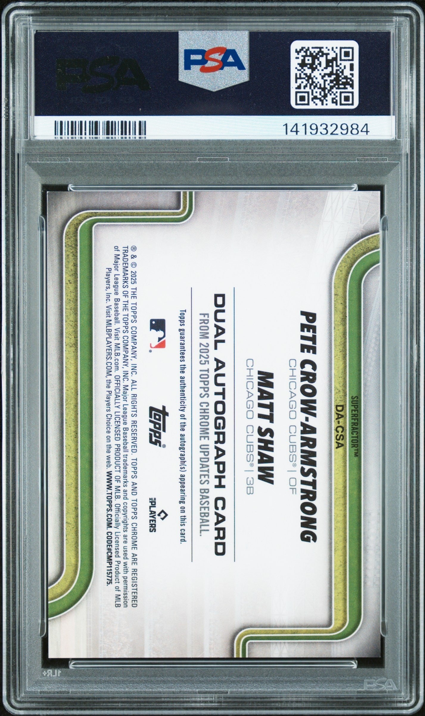 2025 Topps Chrome Update Dual Autographs Crow-Armstrong Shaw Superfractor 1/1 PSA 9
