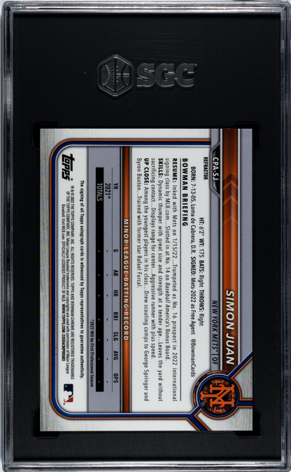 2022 Bowman Chrome Simon Juan Autograph Refractor 499 SGC 10 Auto 10