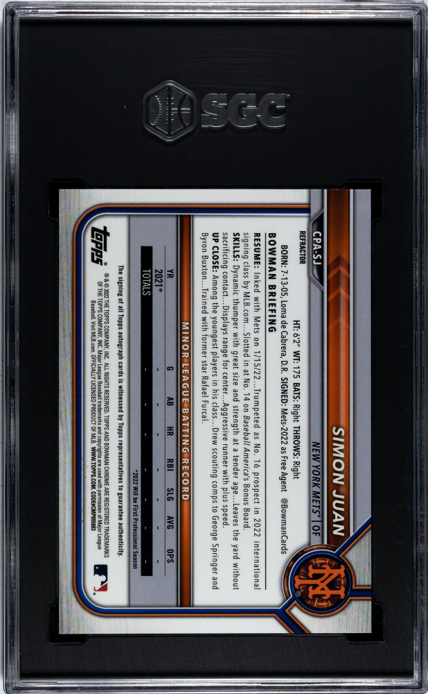 2022 Bowman Chrome Simon Juan Autograph Refractor 499 SGC 10 Auto 10