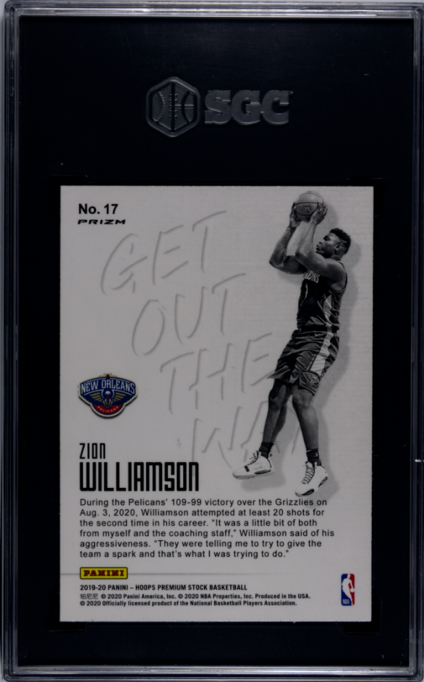 2019 Panini Hoops Premium Stock Zion Williamson Get Out The Way Holo Prizm SGC 9